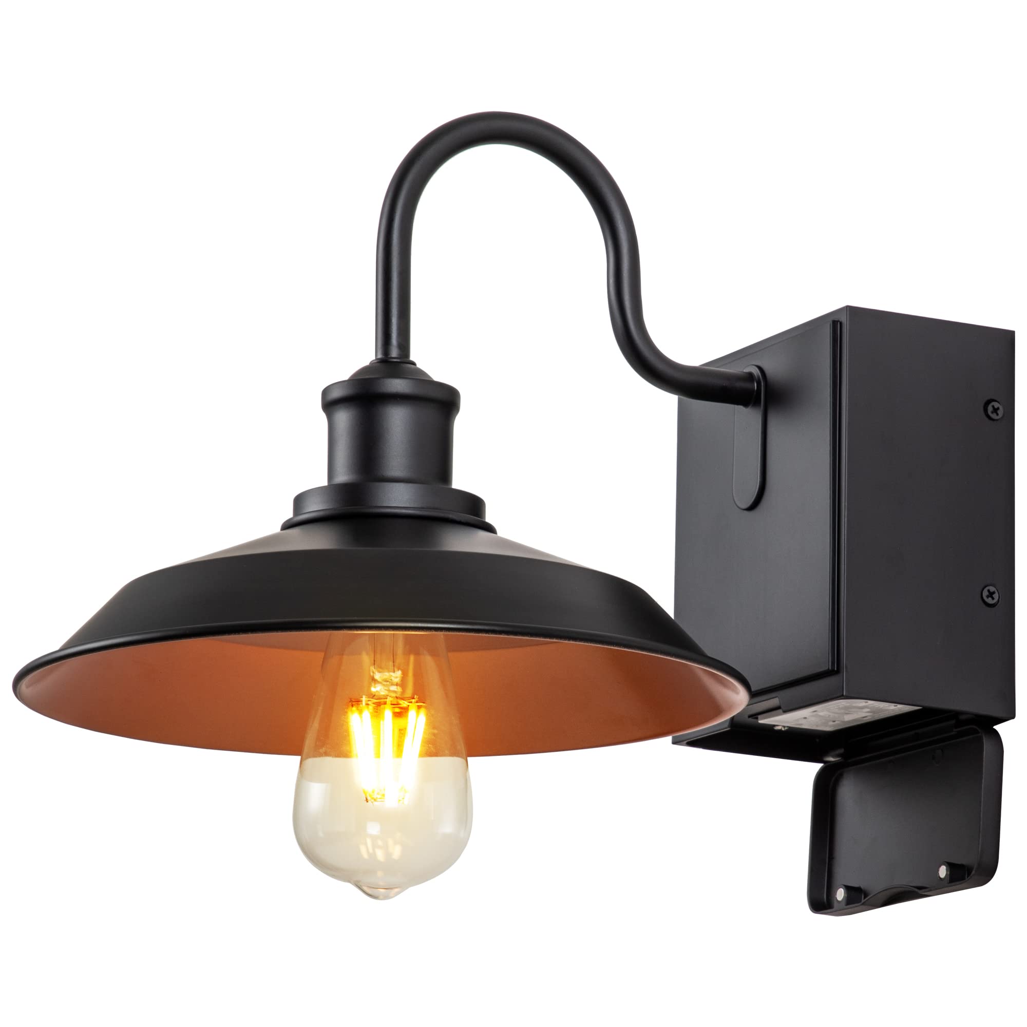 OUPAVOCS Black Waterproof Outdoor Wall Light Fixture with GFCI Outlet - Industrial Farmhouse Porch Light for Exterior, Barn, Garage, Patio - Durable Weatherproof Sconce for Home & Garden Lighting