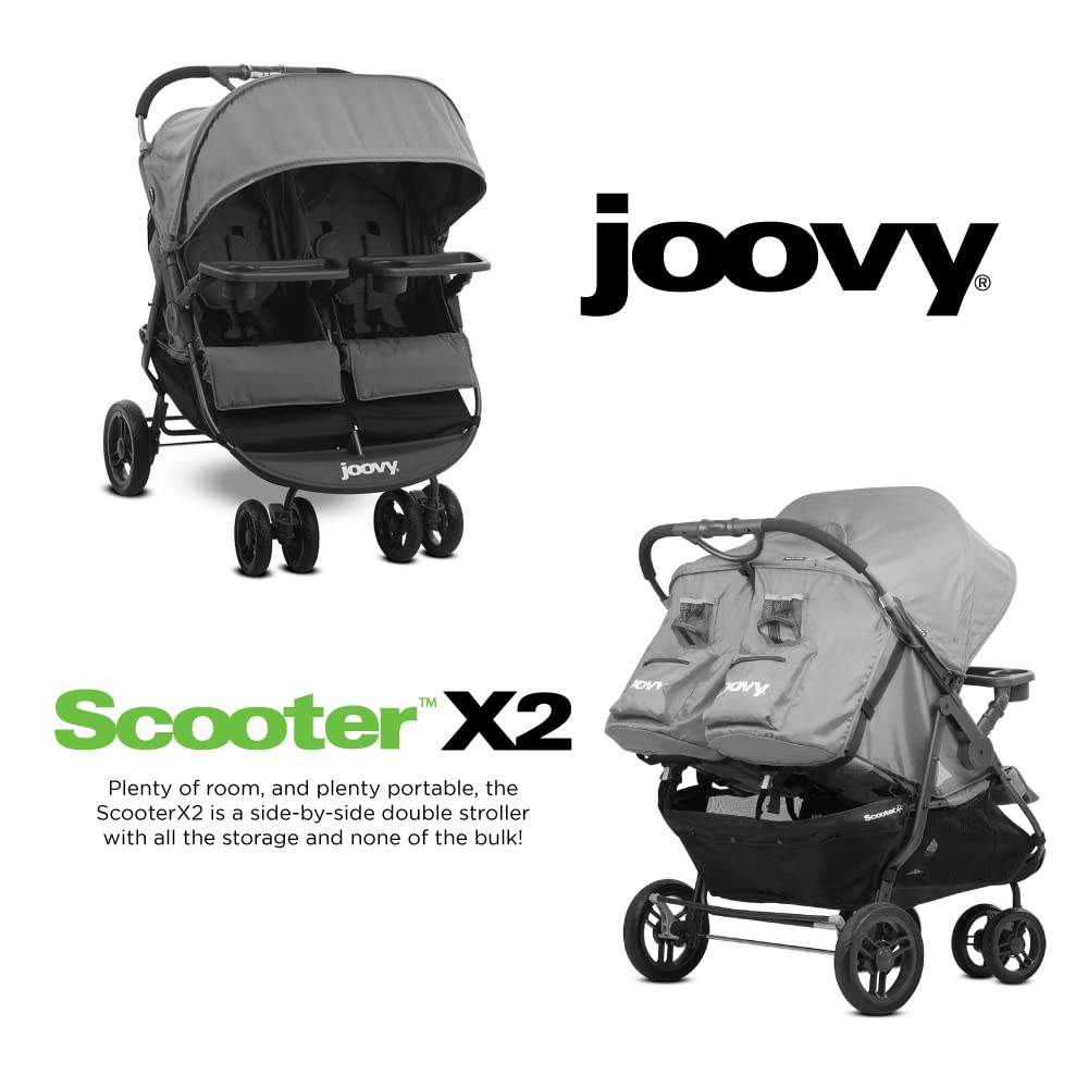 Joovy Scooter X2 Double Stroller - Side by Side Seats, One-Hand Fold, Adjustable Reclining Seats & Leg Rests, Dual Snack Trays, Storage Basket | Perfect for Twins, Siblings & Outdoor Adventures (Charcoal)