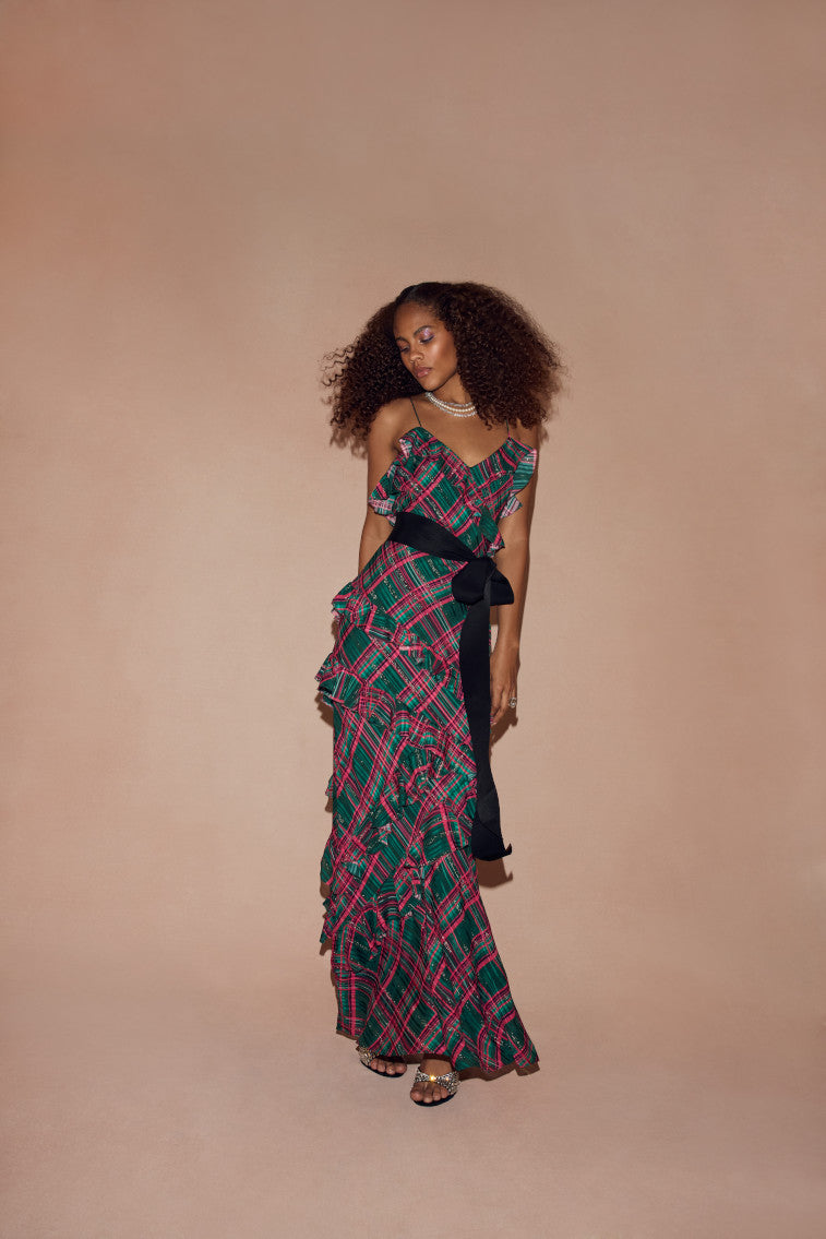 Rialto Silk Tartan Dress for Women - Elegant Plaid A-Line Midi Dress with Pockets | Perfect for Office, Party, and Special Occasions