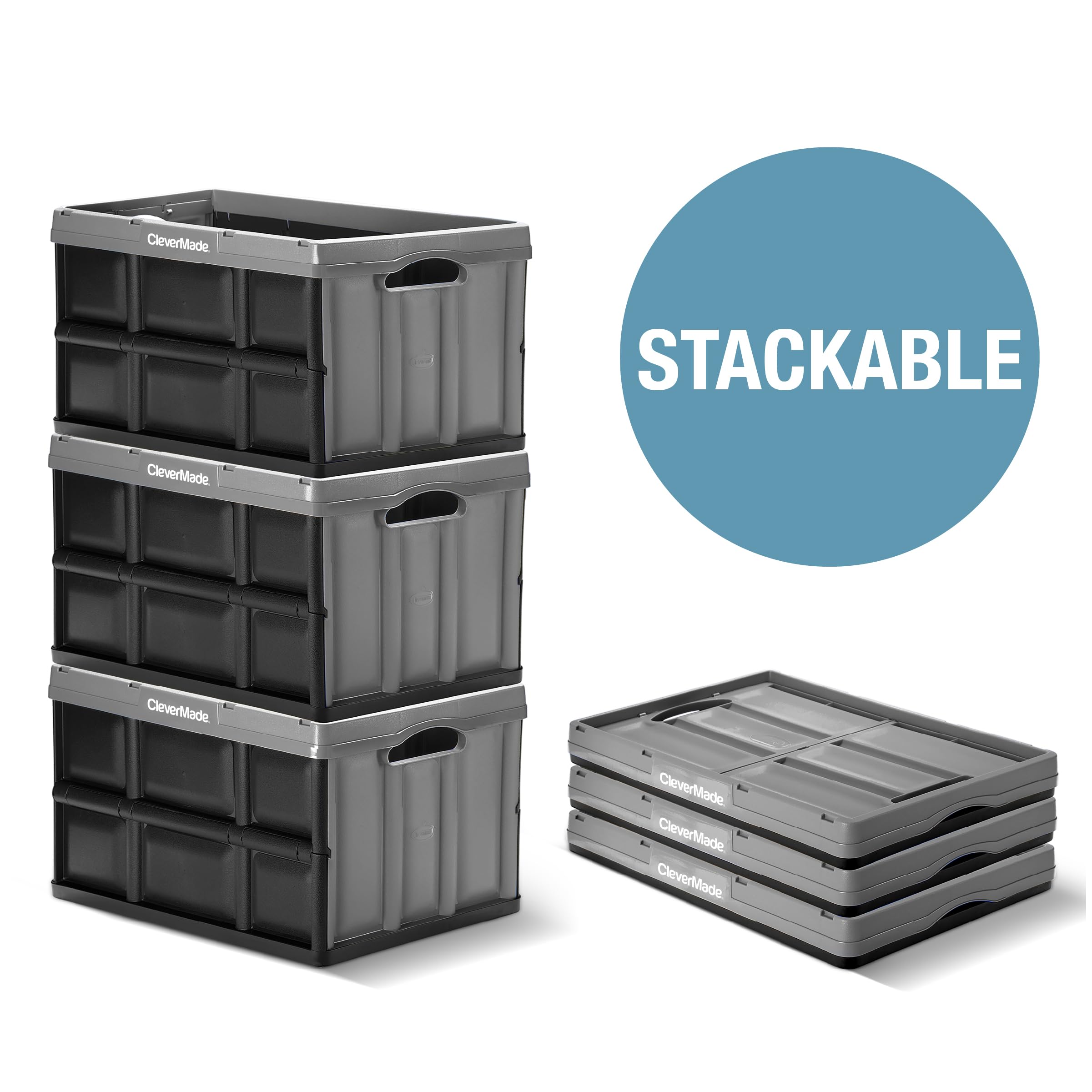 CleverMade 62L Collapsible Storage Bins 3-Pack - Heavy Duty Stackable Folding Crates for Home Organization | Space-Saving Tan Containers for Closet, Garage & Office Use