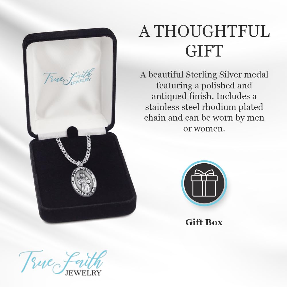 True Faith Jewelry Customizable Sterling Silver Oval Patron Medal - 7/8 Inch - Personalized Religious Jewelry for Baptism, First Communion & Spiritual Gifts