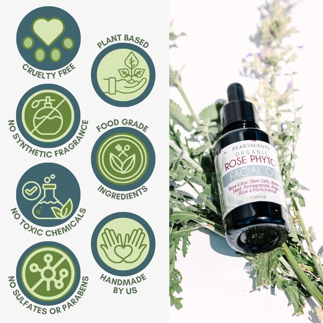 Organic Rose Phyto Facial Oil with Rosehip & Argan Oil - Infused with Rose Extract & Frankincense Essential Oil - Anti-Aging Face Serum for Gua Sha Massage & Night Skincare Routine (1oz) - Perfect for Dry Skin & Wrinkle Reduction