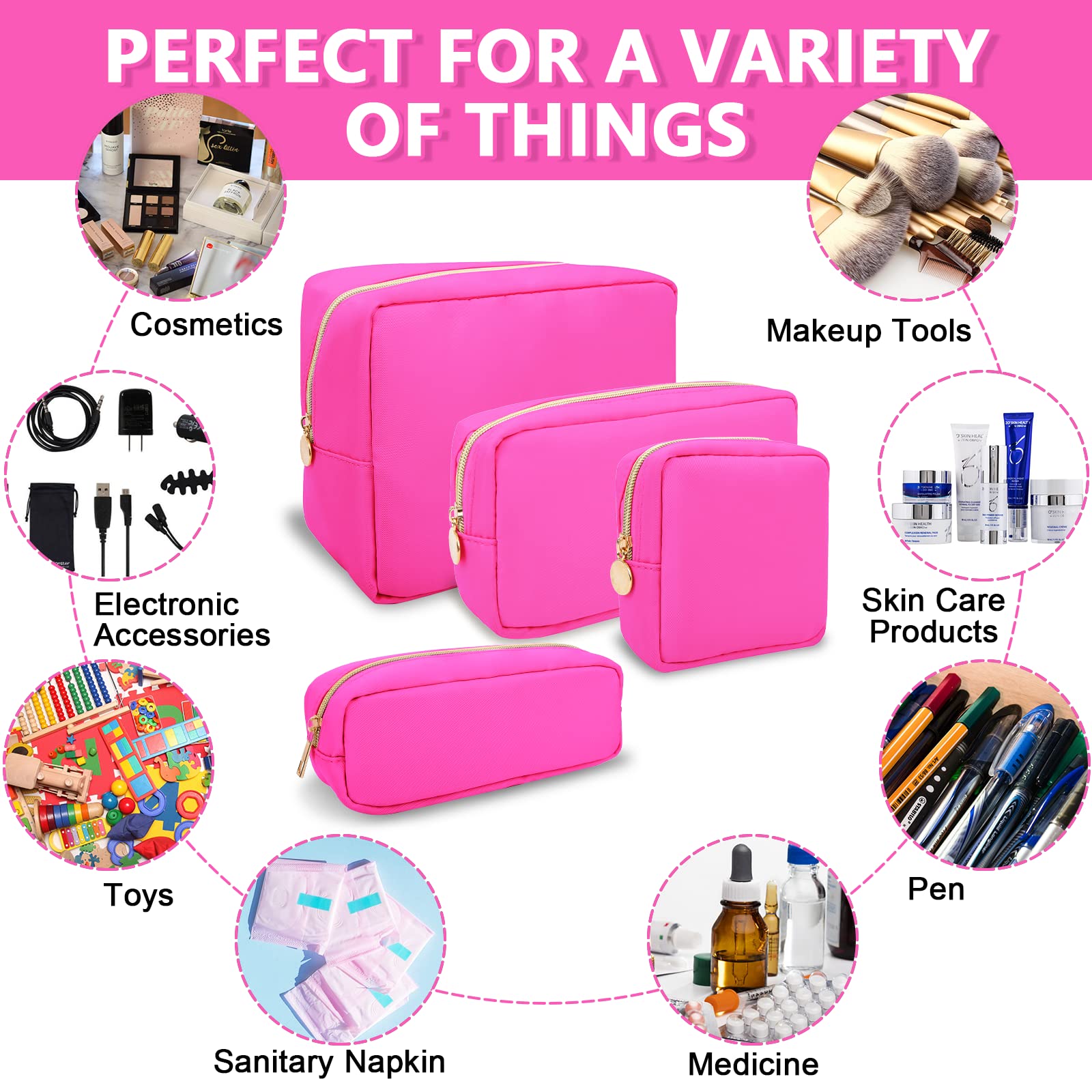 Waterproof Mini Makeup Bag for Women - Small Cosmetic Travel Organizer with Zipper, Nylon Toiletry Pouch for Purse, Girls & Teens - Cute Preppy Coin Purse for Work, Gym & Daily Essentials (Mini Hot Pink) - Perfect for Travel, School & On-the-Go Organization