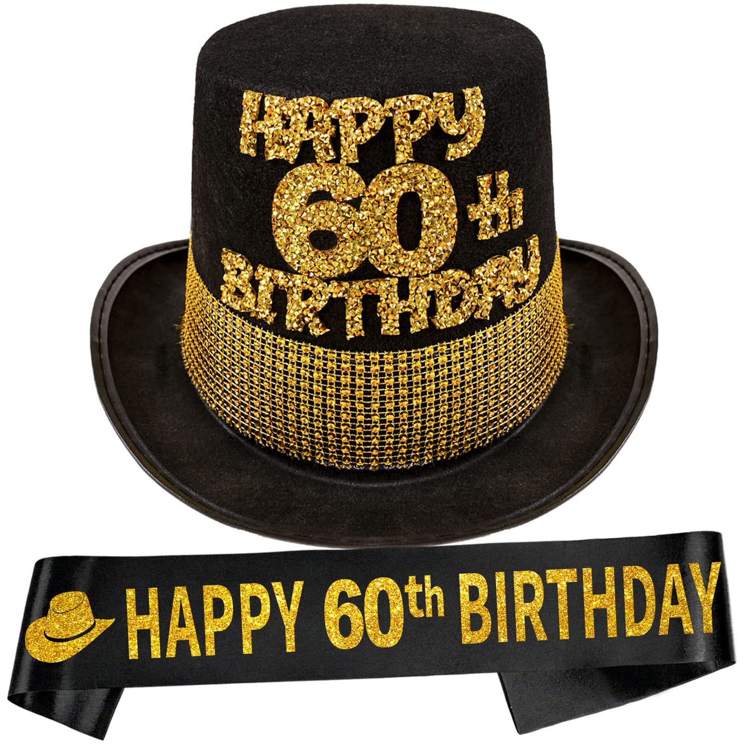 60th Birthday Gifts for Men - Gold 60 Year Old Party Hat & Sash Set - 60 Birthday Decorations & Favors - Perfect for Milestone Celebrations, Retirement Parties & Special Occasions