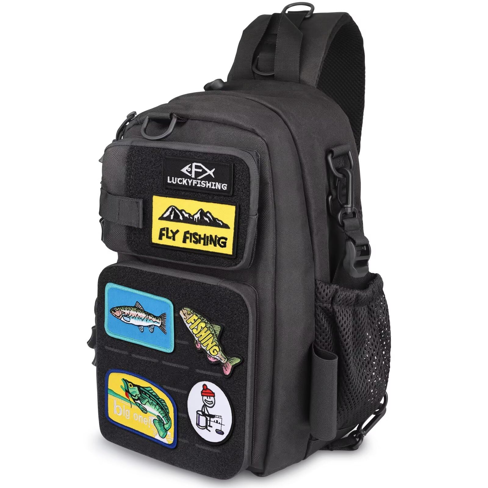Lightweight Fishing Backpack with 6PCS DIY Fish Embroidery Patches - Waterproof Sling Bag for Fly Fishing, Hiking & Outdoor Adventures