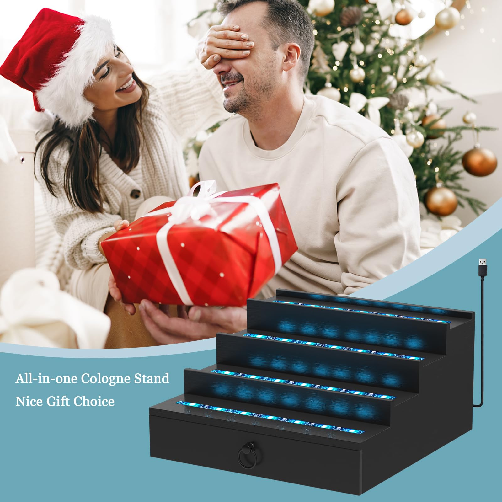4-Tier LED Lighted Cologne Organizer for Men - Wooden Perfume Display Stand with Velvet Lined Drawer, Remote Control & Multiple Lighting Modes - Perfect Perfume Shelf for Bedroom, Bathroom or Dresser - Great Gift Idea for Him
