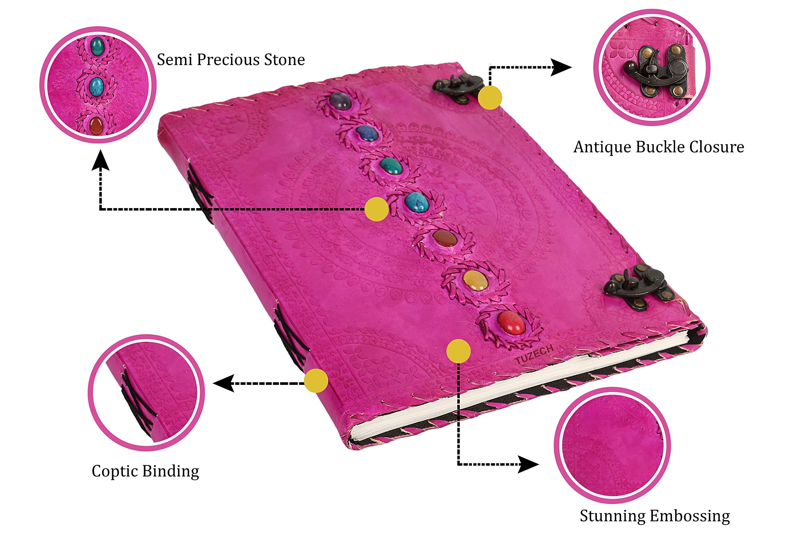 TUZECH Seven Chakra Medieval Stone Embossed Handmade Jumbo Leather Journal - 18 Inch Pink Book of Shadows Notebook for Wicca, Office Diary, College Poetry & Sketching - Perfect for Gift Giving & Spiritual Practice