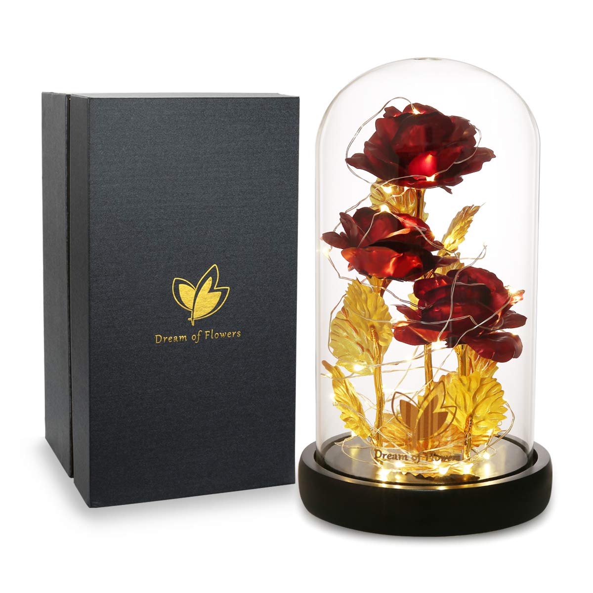 24K Gold Plated Galaxy Artificial Rose Flower in Dome Glass with LED Lights - Beauty and The Beast Inspired Gift for Mom, Valentine's Day, Anniversary - Perfect for Home Decor, Romantic Surprises, and Special Occasions