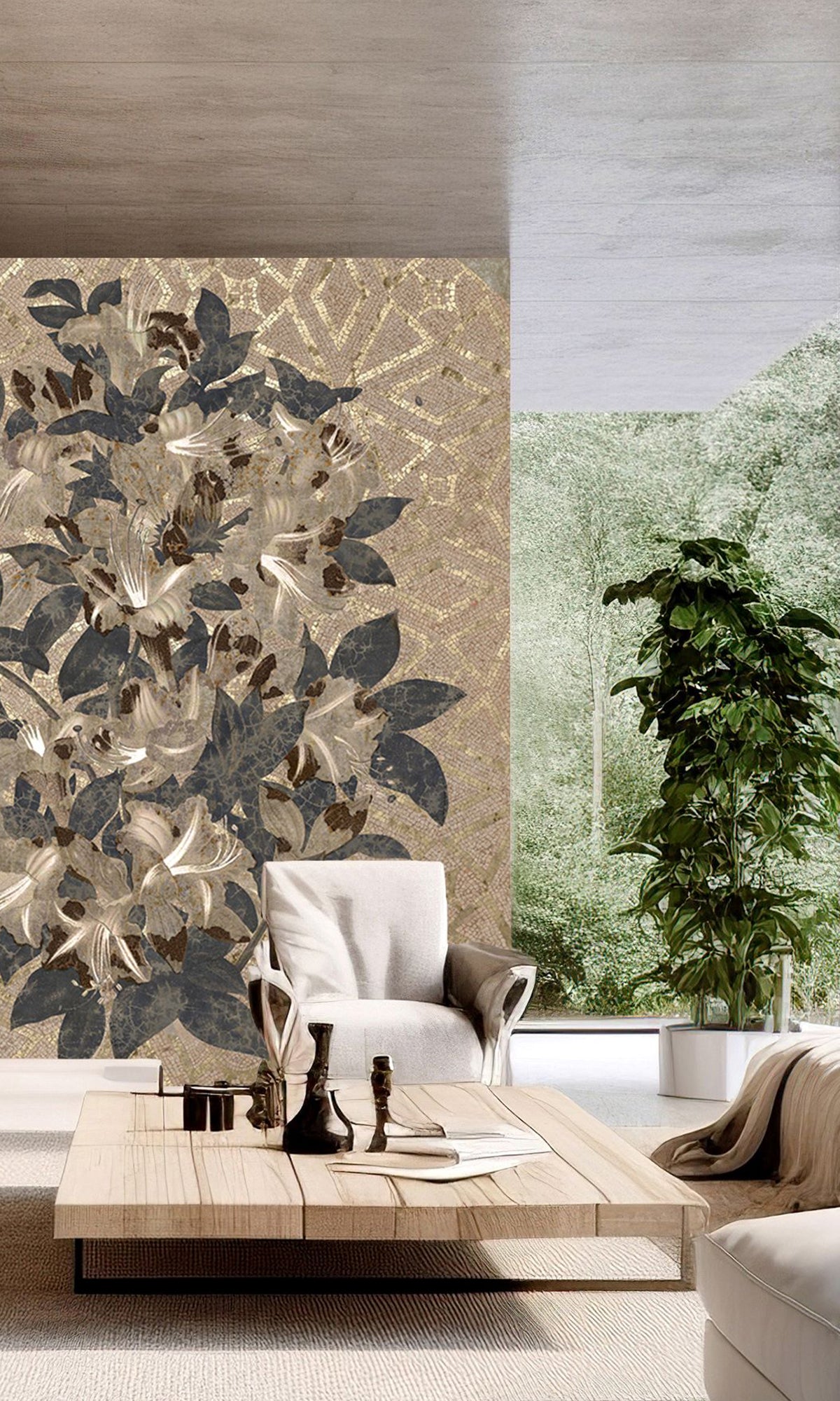 Ecru Geometric Floral Mosaic Mural Wallpaper M2576 - Peel and Stick Removable Wallpaper for Bedroom, Living Room, Nursery, Office Decor