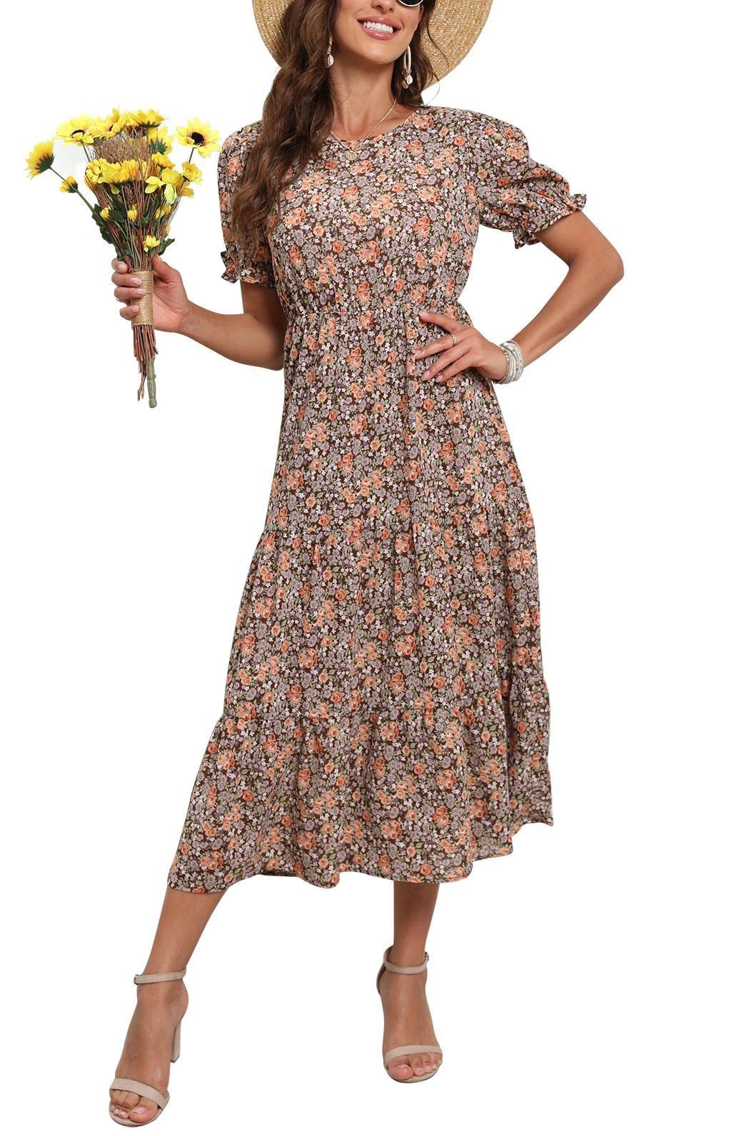 GRECERELLE Women's 2025 Spring Summer Casual Loose Boho Dress with Ruffle Puff Sleeves & High Waist | Flowy Midi Dress for Beach, Vacation & Everyday Wear