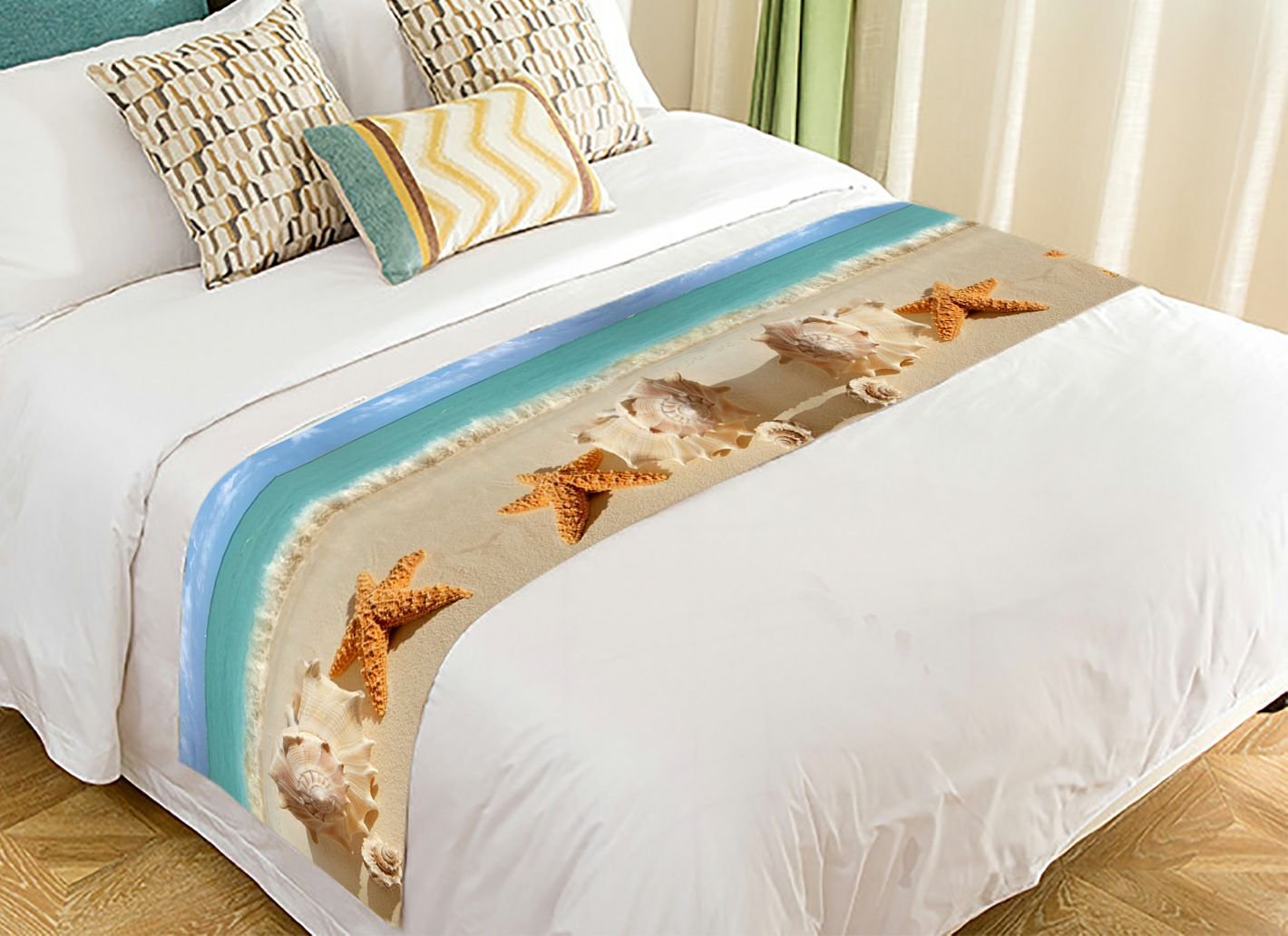 NNBZ Custom Starfish on the Beach Bed Runner - 20x95 Inch Cotton Bedding Scarf for Coastal Decor, Summer Beach House Styling & Boho Chic Bedroom Accent