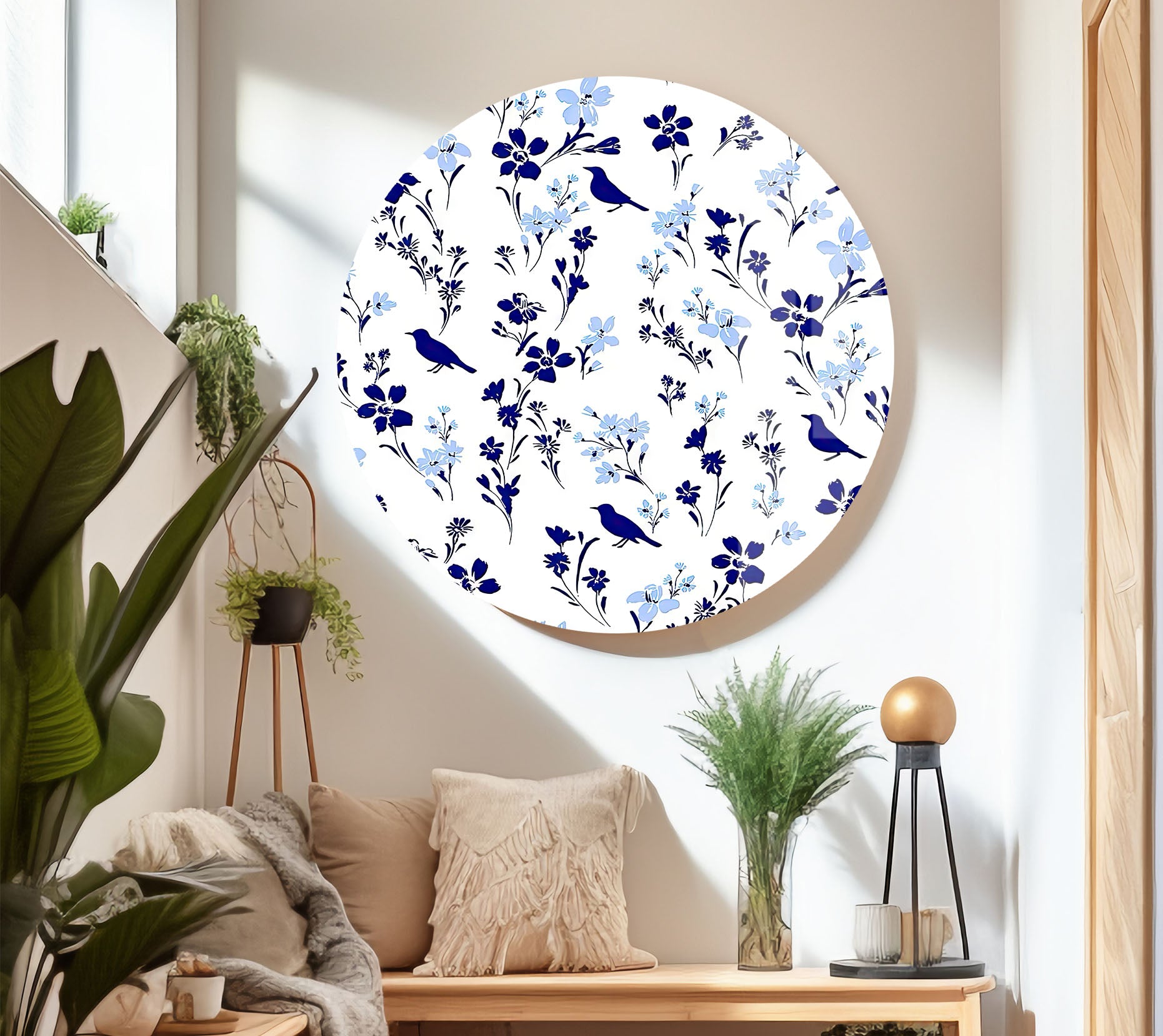 Blue Bird and Wildflower Wall Art Print - Elegant Floral Glass Decor for Nature Lovers | Perfect for Living Room, Bedroom & Office Decor