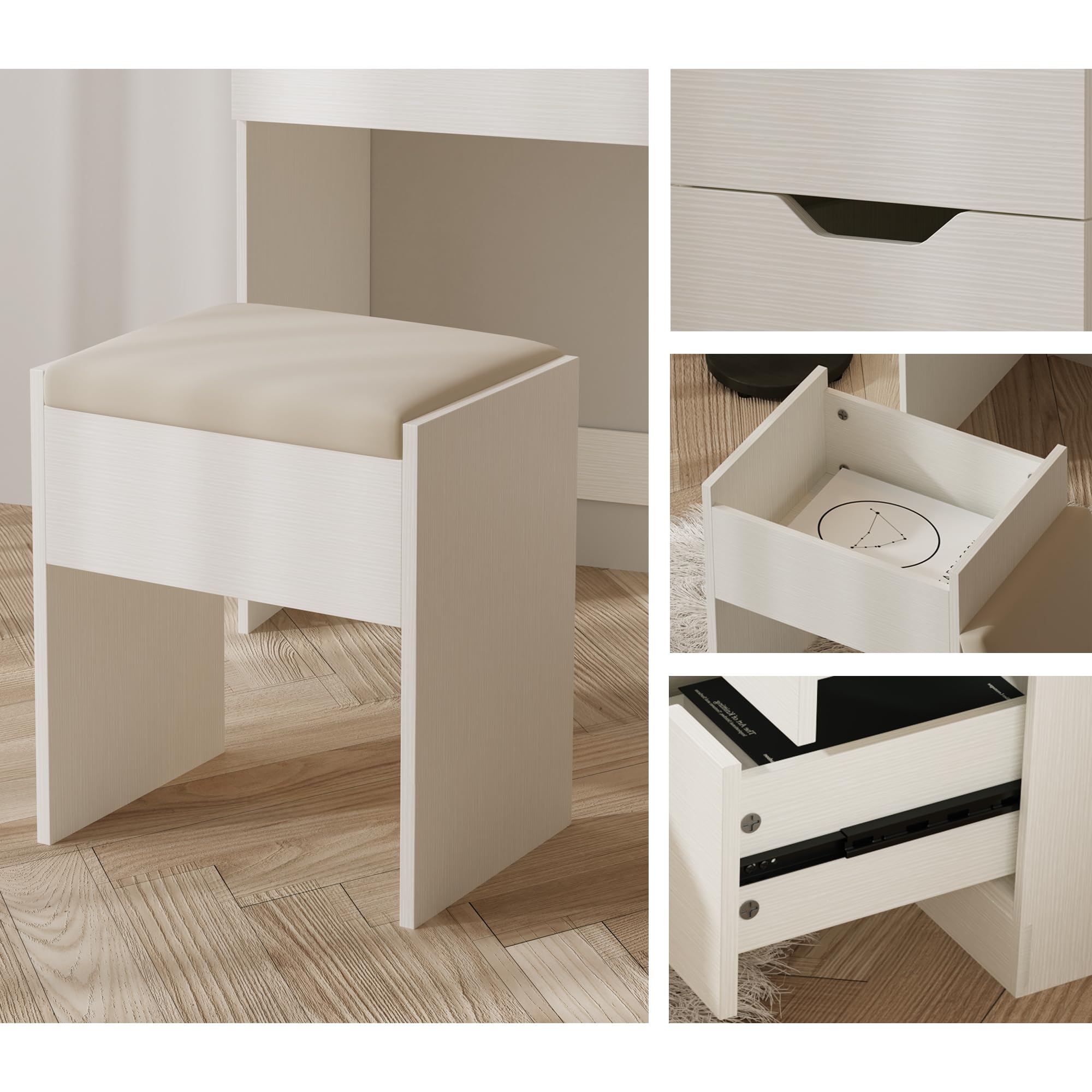 Vanity Desk with LED Lights Mirror & Power Outlet - 3 Adjustable Lighting Colors, 5 Storage Drawers, Makeup Vanity Set with Cushioned Stool - Perfect for Bedroom, Dressing Room & Home Salon (White)