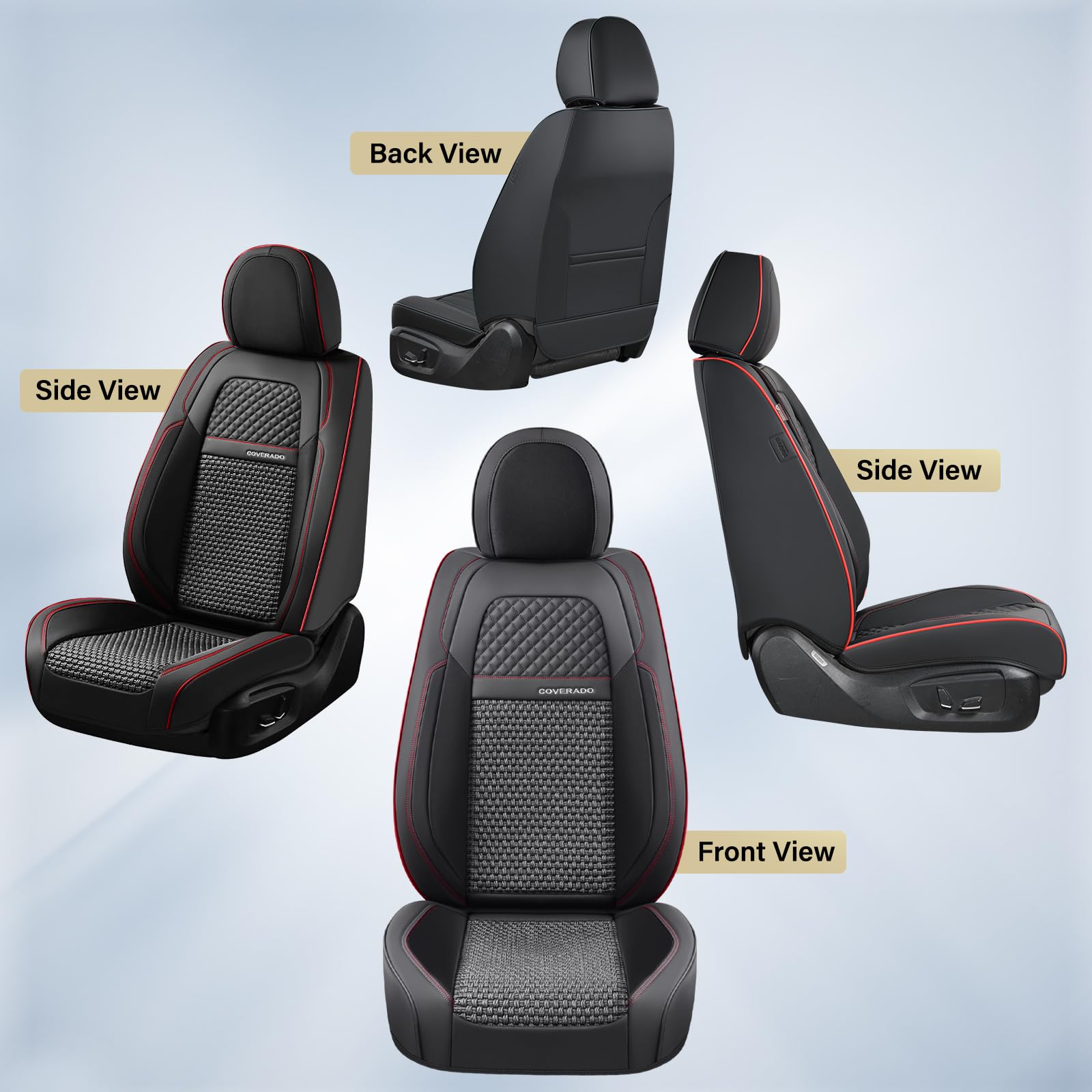 Premium Universal Car Seat Covers Full Set (5-Piece) - Breathable Leather-Woven Design for Front & Back Seats | Perfect Fit for Most Vehicles in Black & Red | Ideal for Daily Commuting, Road Trips & Family Protection