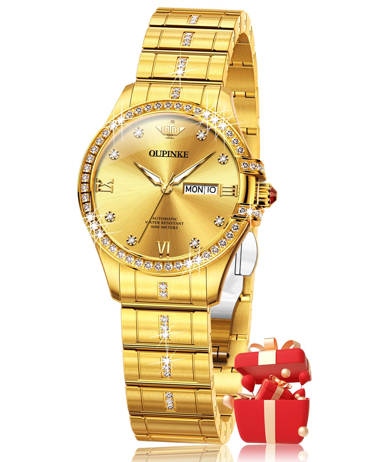 OUPINKE Women's Automatic Mechanical Diamond Luxury Dress Watch - Self-Winding Stainless Steel Waterproof Luminous Wristwatch - Perfect Gift for Women, Business & Formal Occasions