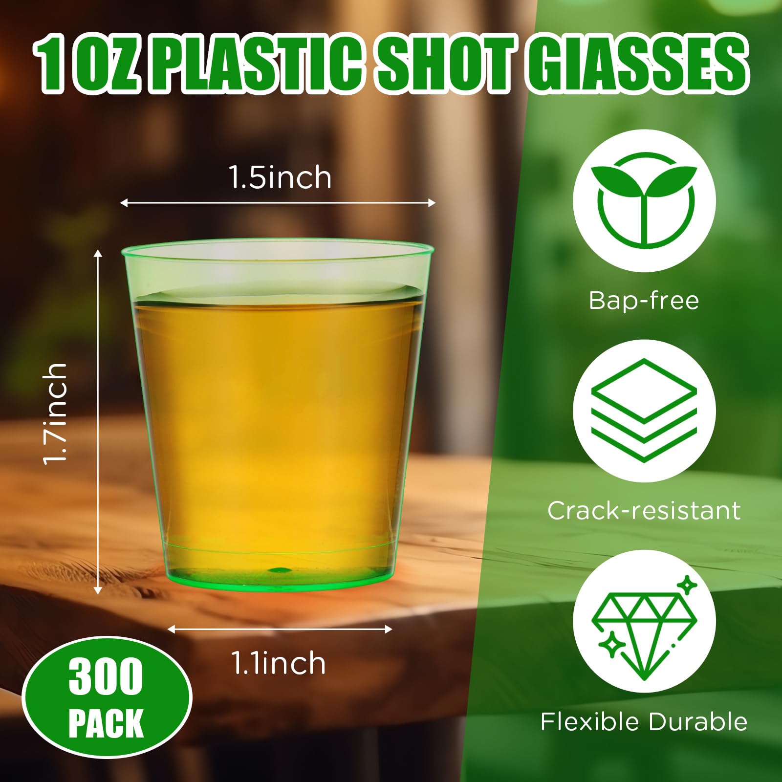 300 Pack 1oz Plastic Shot Glasses - Mini Reusable Party Cups for Wedding, Halloween, Beer Tasting, Snack Samples & Cocktails (Green) - Perfect for Bars, Catering & Home Entertaining