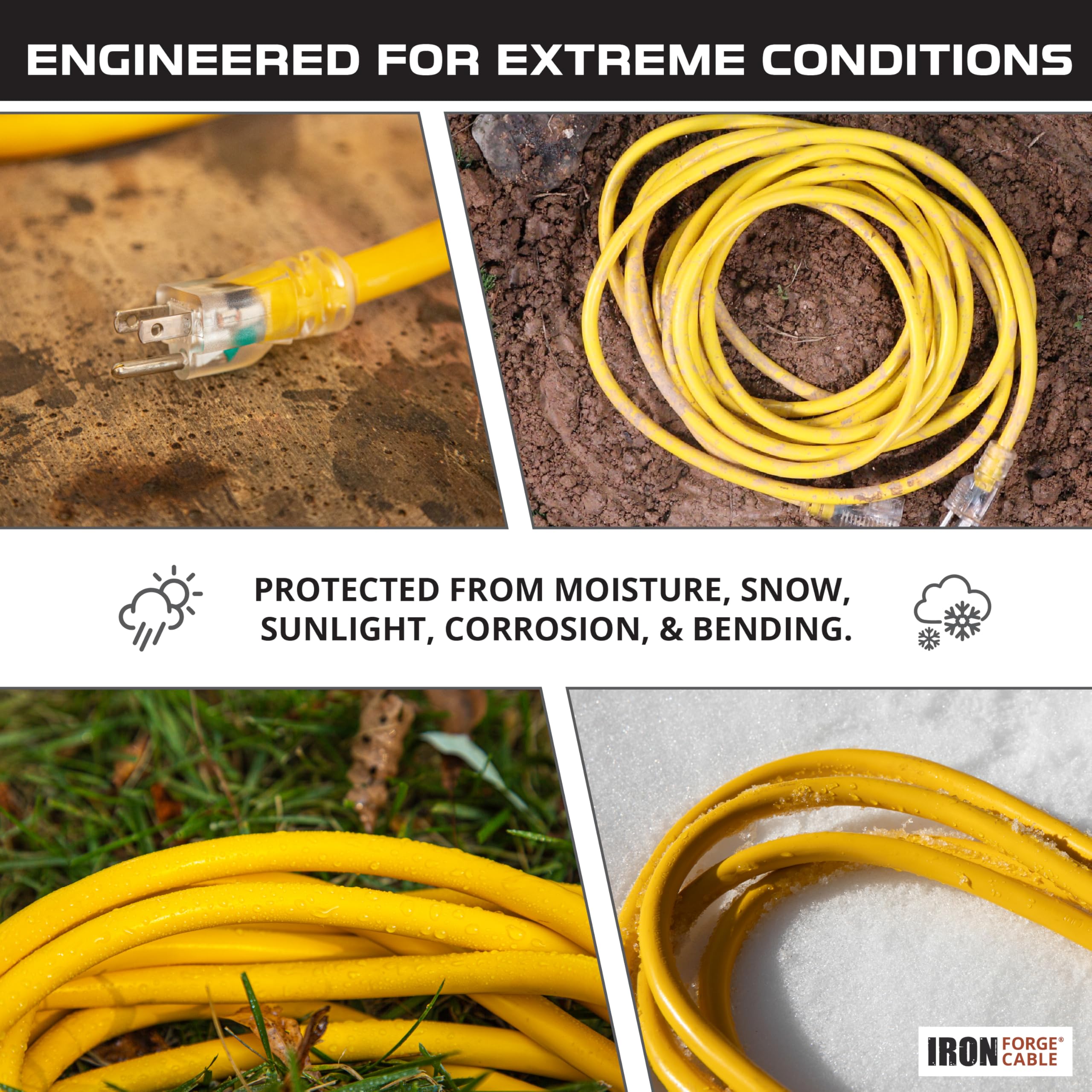 2 Pack 100ft Heavy Duty Outdoor Extension Cord - 12/3 SJTW Yellow Lighted Cable with 3-Prong Grounded Plug, 15 AMP - Perfect for Garden Tools, Power Tools, Christmas Lights & Outdoor Appliances