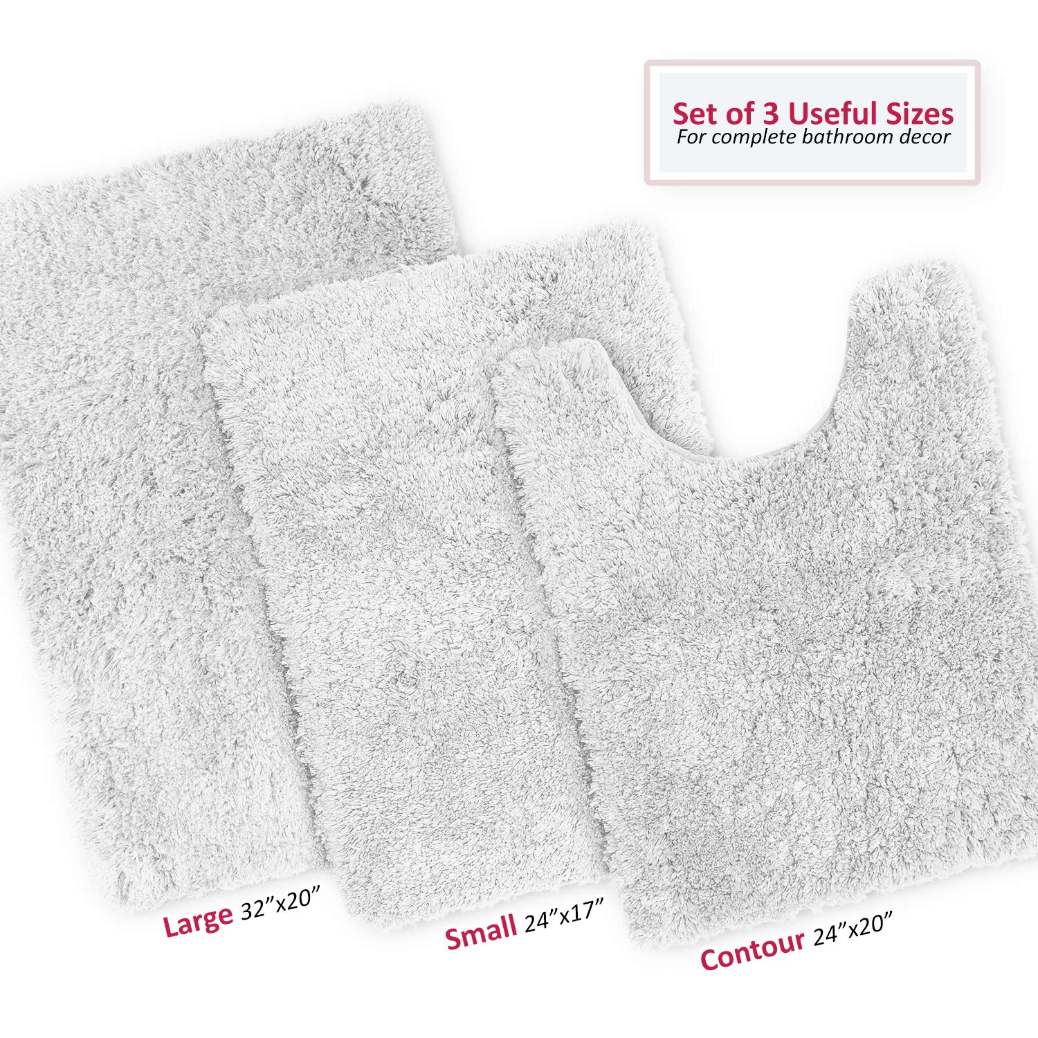 Clara Clark 3-Piece Shaggy Plush Bathroom Rug Set - Ultra Soft Non-Slip Bath Mat, Machine Washable & Quick Dry - Perfect for Bathroom, Shower & Vanity Areas - White