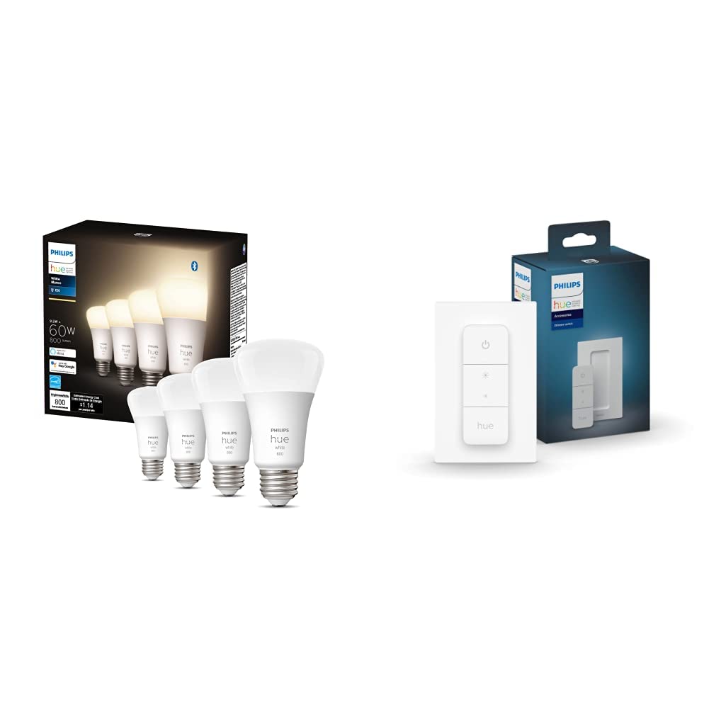 Philips Hue White Smart Bulbs (4-Pack) with Smart Dimmer Switch - Energy Efficient LED WiFi Light Bulbs for Home Automation - Perfect for Living Room, Bedroom & Smart Home Setup