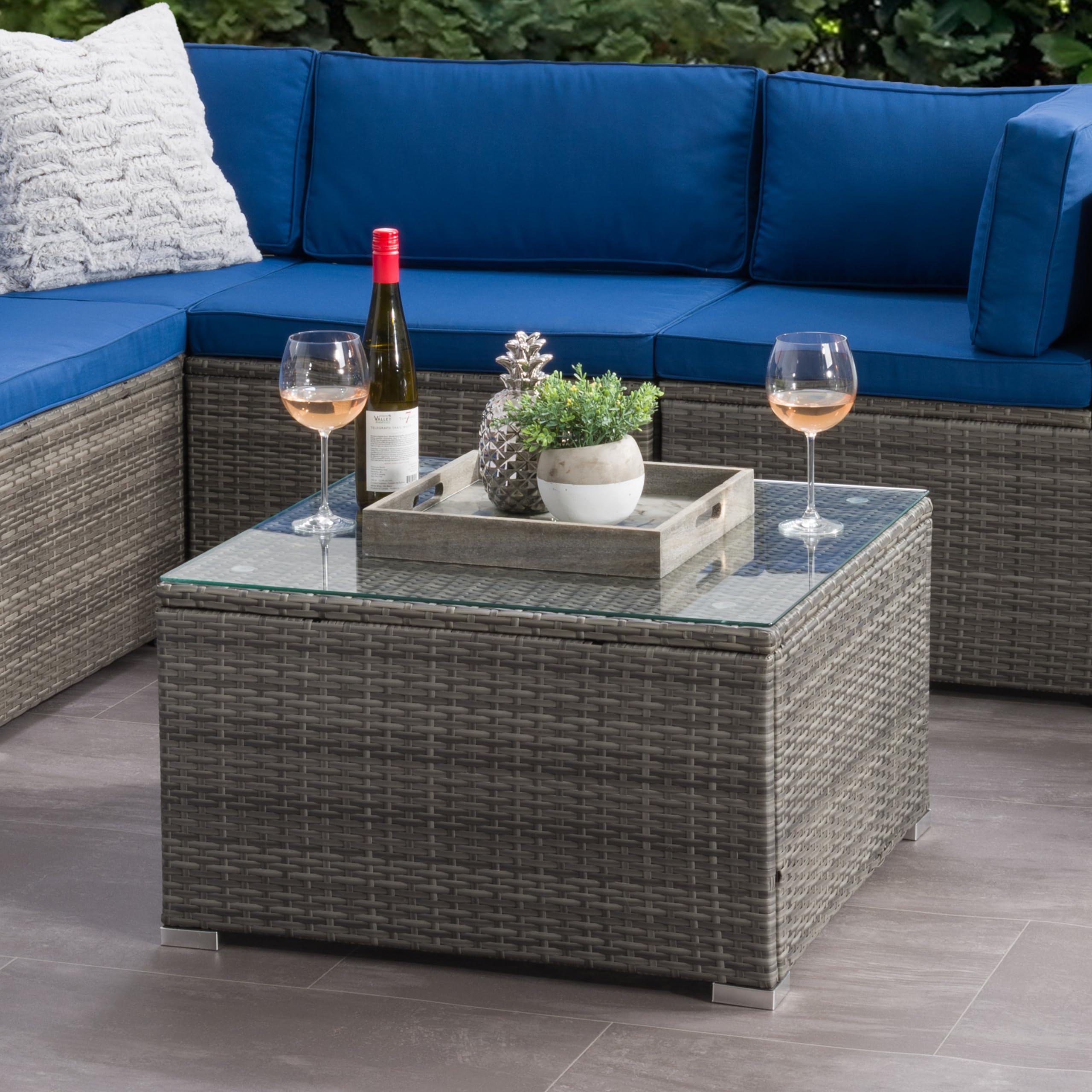 CorLiving Parksville Gray Wicker Rattan Square Outdoor Coffee Table with Tempered Glass Top - Perfect for Patio, Garden, and Poolside Relaxation