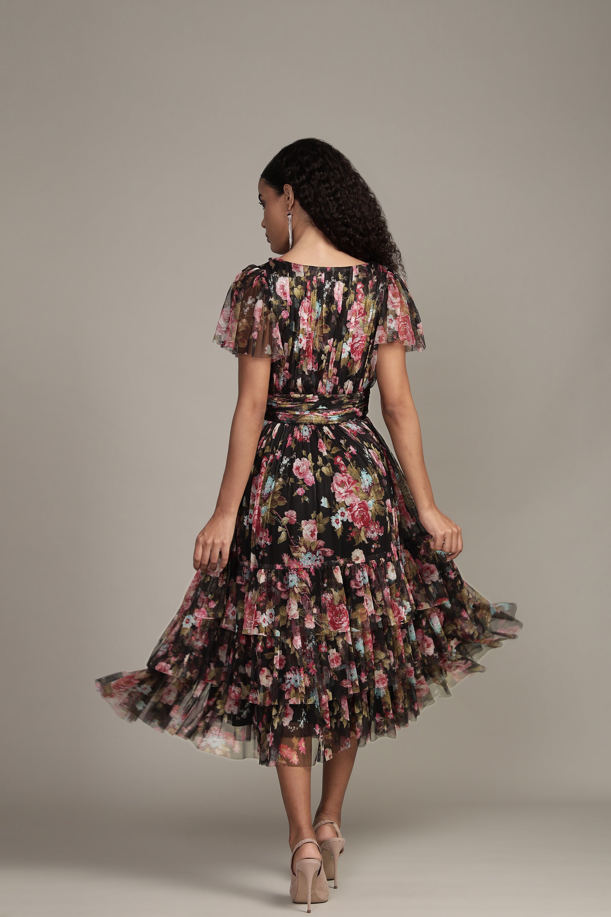Madison Black Floral Tulle Midi Dress for Women - Elegant A-Line Party Dress for Weddings, Cocktail Parties & Special Occasions