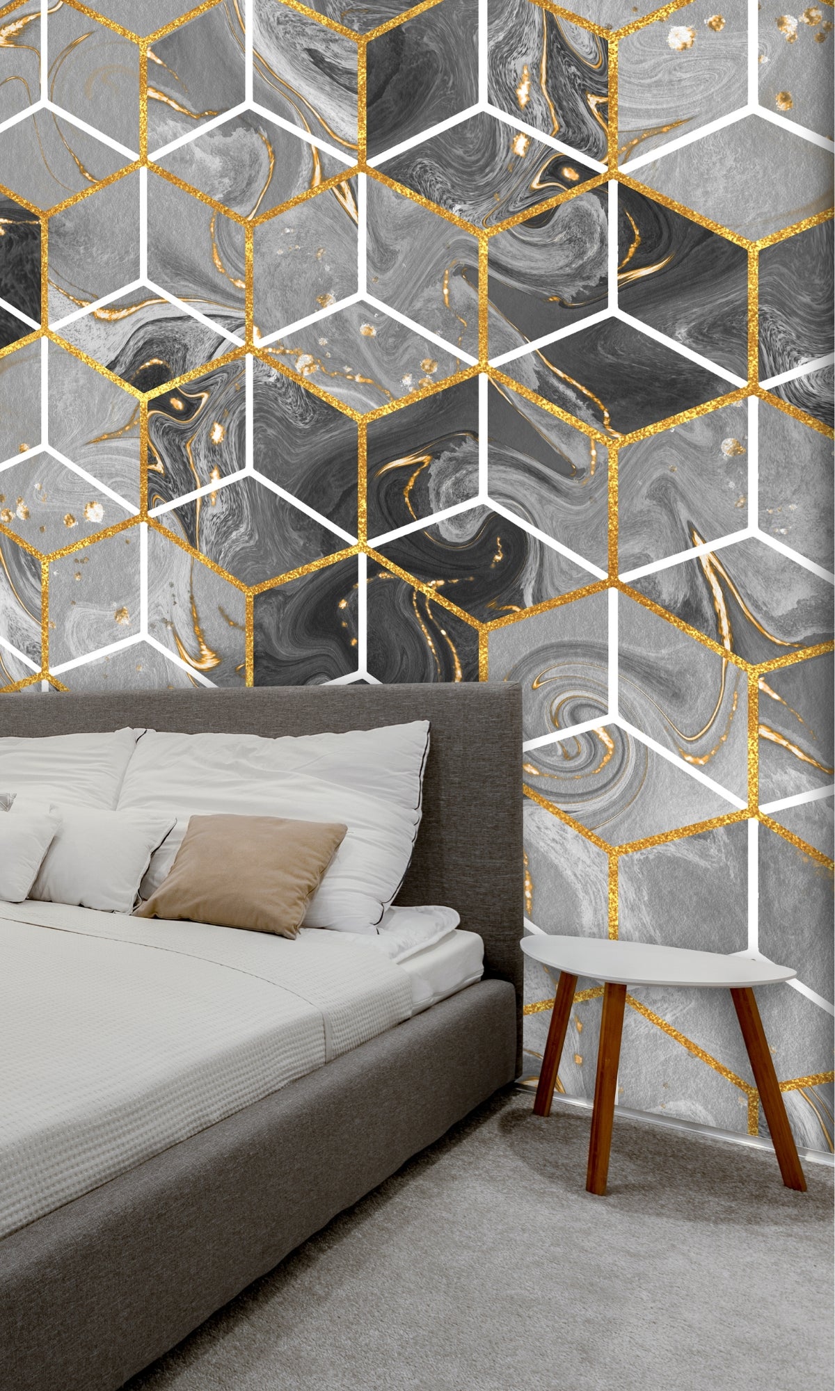 Gray & Gold Marble Hexagon Peel and Stick Wallpaper - Self-Adhesive Removable Wall Mural for Bedroom, Bathroom, Living Room, Office Decor
