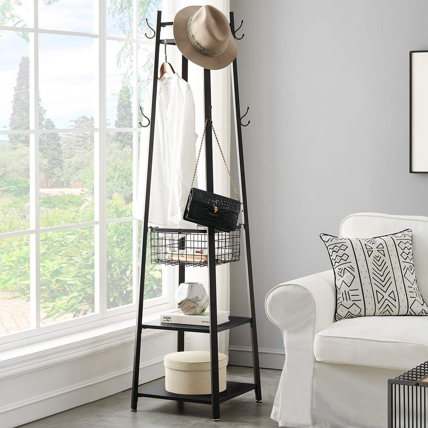 VECELO Heavy Duty Industrial Coat Rack with 2-Tier Storage Shelves & Metal Basket - 8 Dual Hooks Entryway Hall Tree for Jackets, Hats & Bags - Perfect for Mudroom, Entryway & Commercial Spaces (Black)