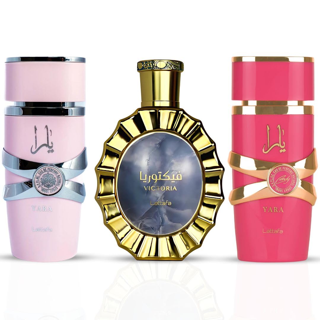 LATTAFA Yara, Yara Candy & Victoria Eau De Parfum Set - 3.4oz/100ml Each - Tropical Fruits, Creamy Gourmand & Floral Fragrance Bundle | Perfect for Daily Wear, Date Nights & Special Occasions