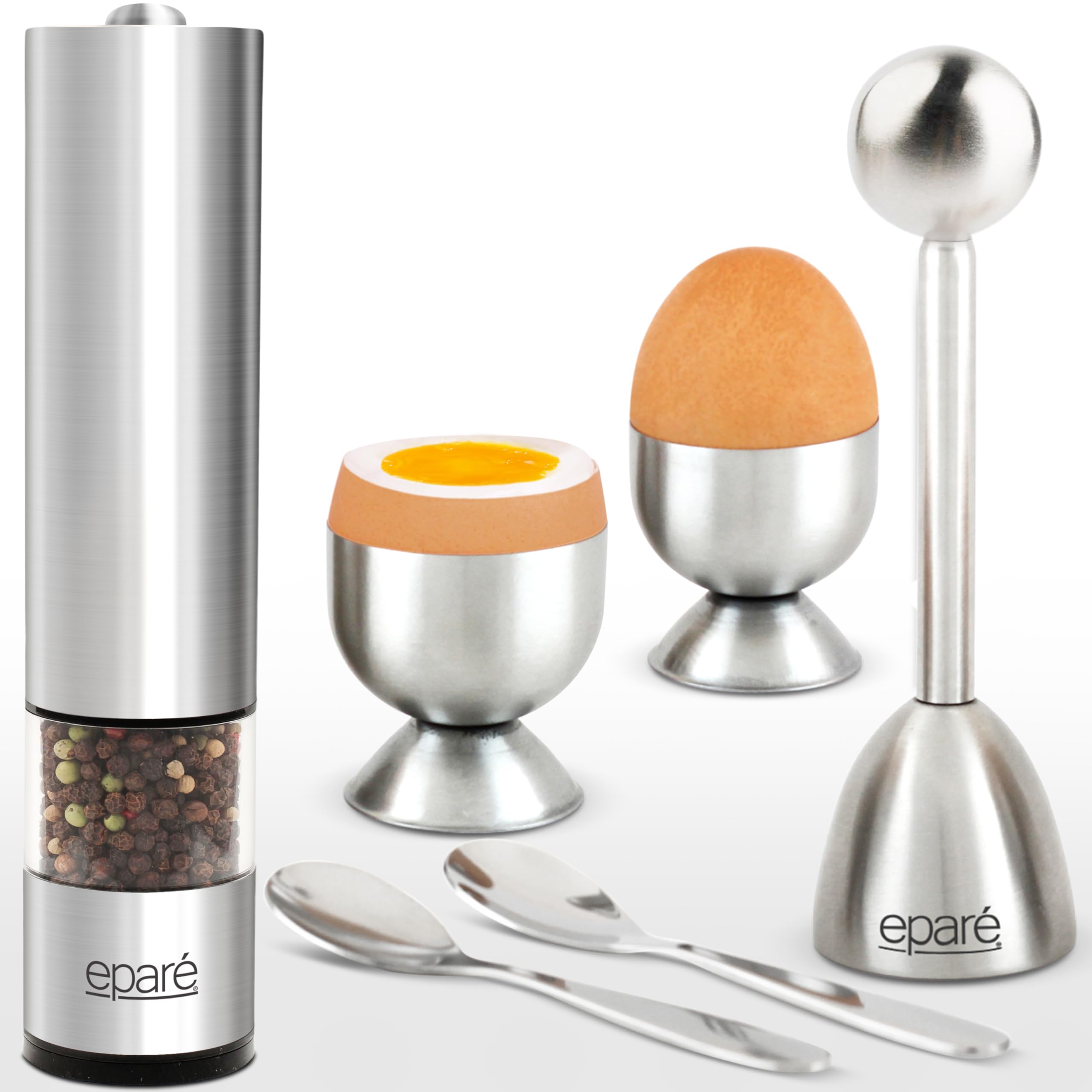 Premium Electric Salt & Pepper Grinder Set with Steel Egg Cracker - Battery Powered Ceramic Burr Mill & Complete Soft Boiled Egg Tool Kit for Kitchen, Dining & Gourmet Cooking