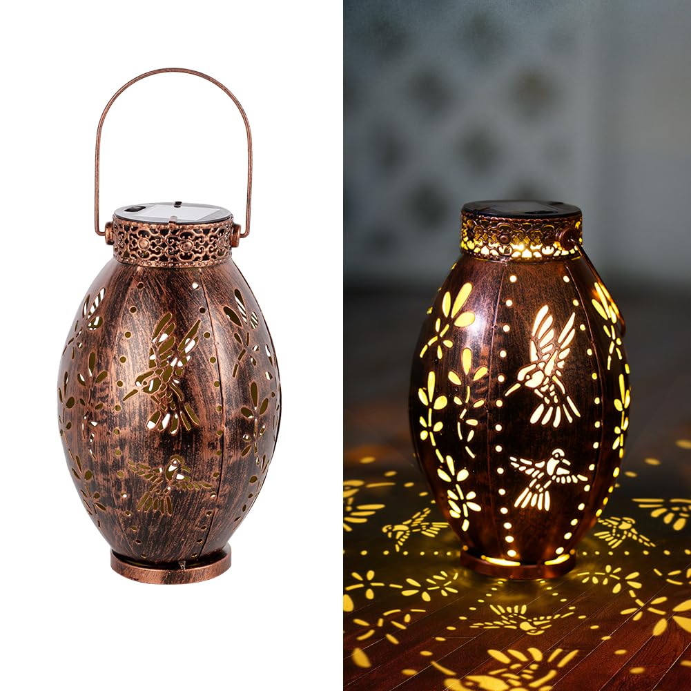 Stargarden Solar Lanterns 2 Pack - Waterproof Outdoor Decorative Hanging Lights with Hollow-Out Hummingbird Design for Garden, Patio, Yard - Copper Finish Solar Powered Lanterns for Evening Ambiance and Pathway Lighting