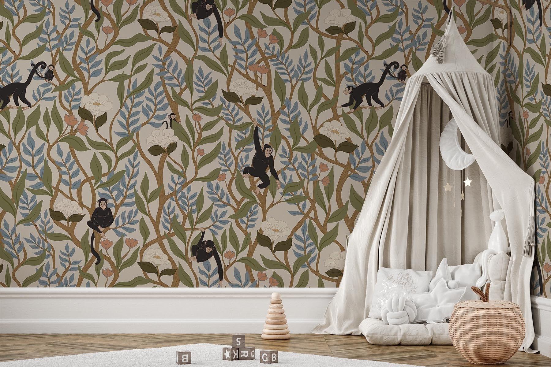 Climbing Monkeys Pale Beige Wallpaper - Peel and Stick Removable Wall Decals for Kids Room, Nursery, Playroom & Home Decor | Easy to Install & Reusable