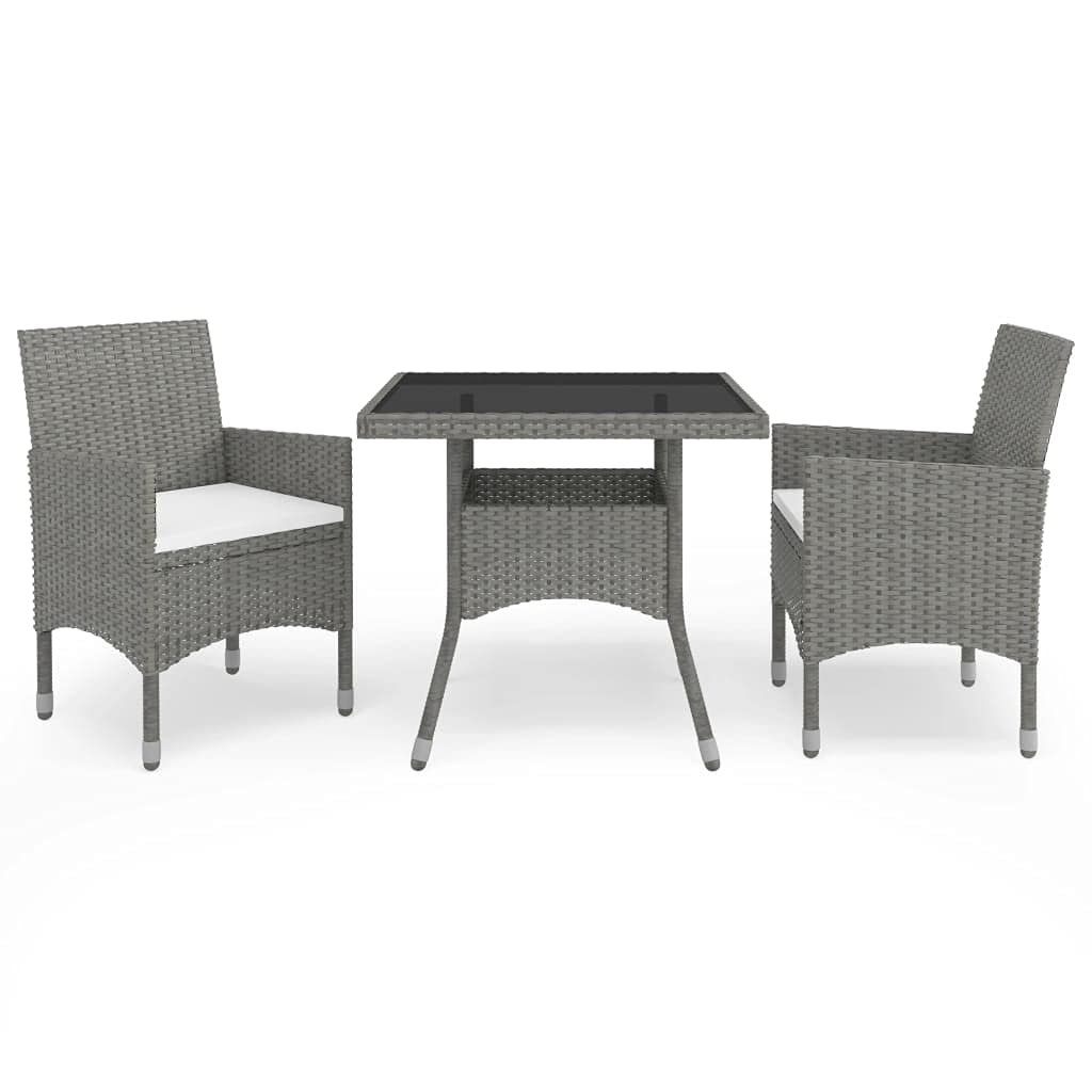 3-Piece Gray Poly Rattan & Glass Patio Dining Set - Outdoor/Indoor Wicker Furniture for Backyard, Porch, Garden, Poolside, Balcony - Perfect for Al Fresco Dining & Relaxing