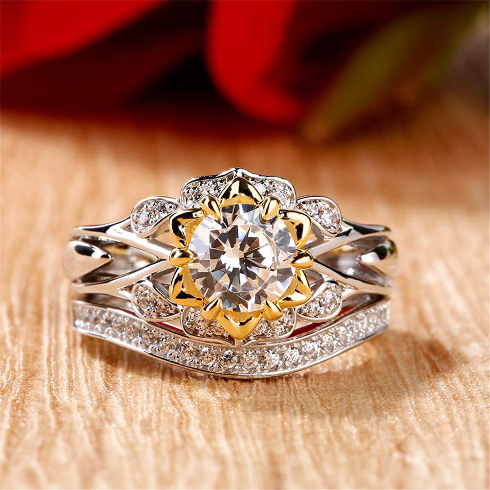 2 Carat Flower Engagement Ring Set for Women - 14K Gold Plated Wedding Band with Round Cut Cubic Zirconia | CZ Solitaire Ring for Proposal, Anniversary & Valentine's Day Gift