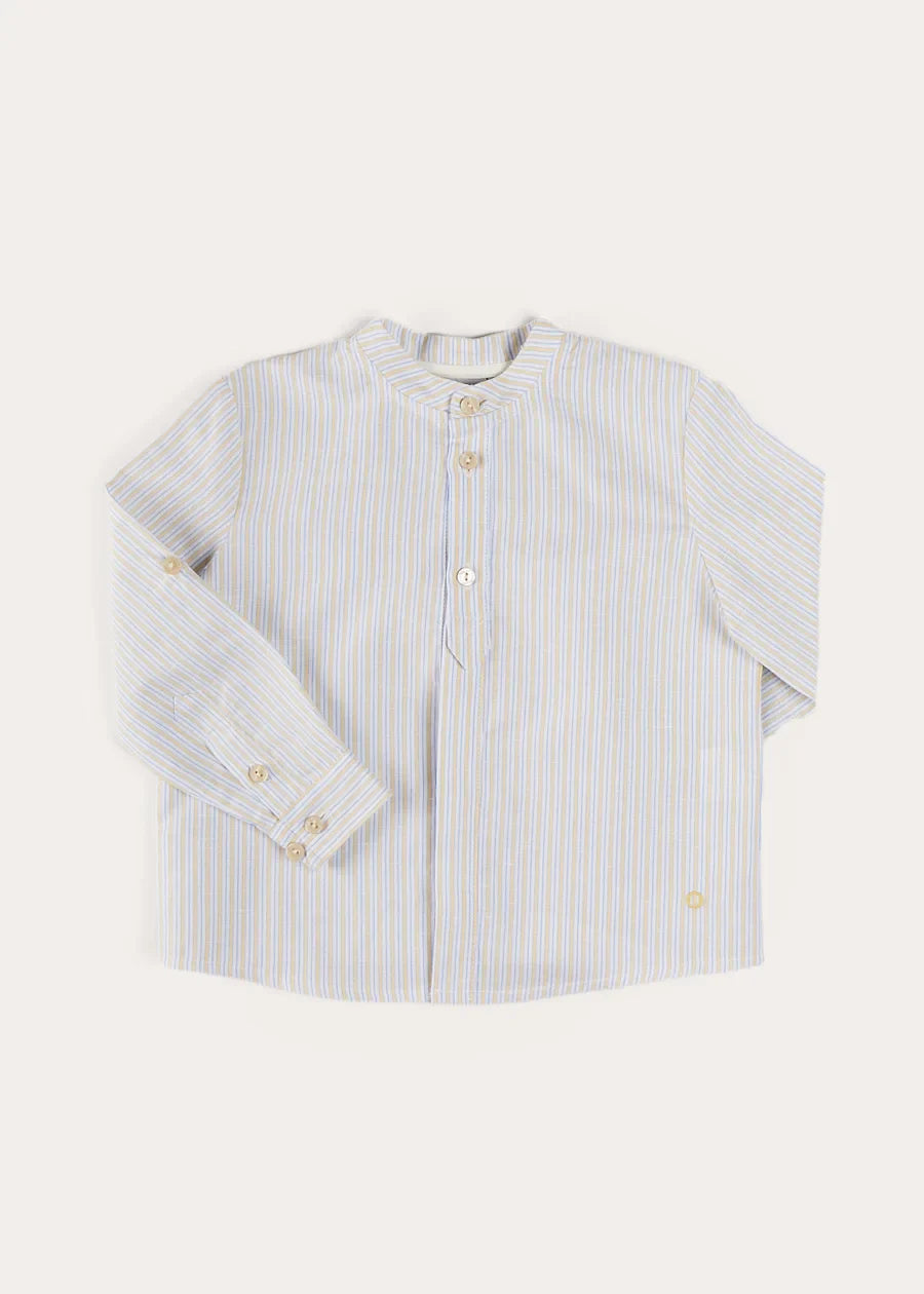 Stafford Striped Mao Collar Long Sleeve Shirt for Boys & Girls - Yellow (12 Months to 10 Years) - Perfect for School Uniforms, Family Photos & Special Occasions
