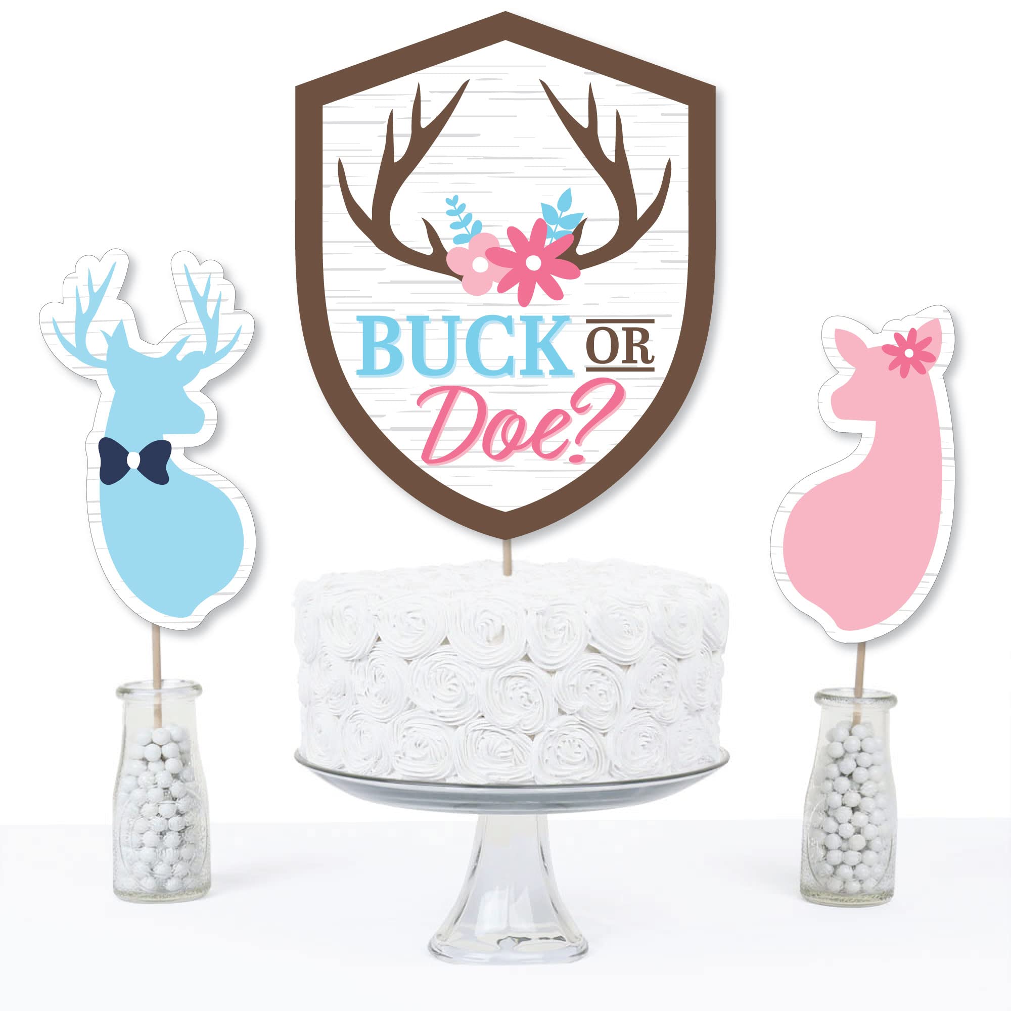 Buck or Doe Hunting Gender Reveal Party Decorations - Set of 15 Table Centerpiece Sticks for Baby Shower & Outdoor Themed Celebrations