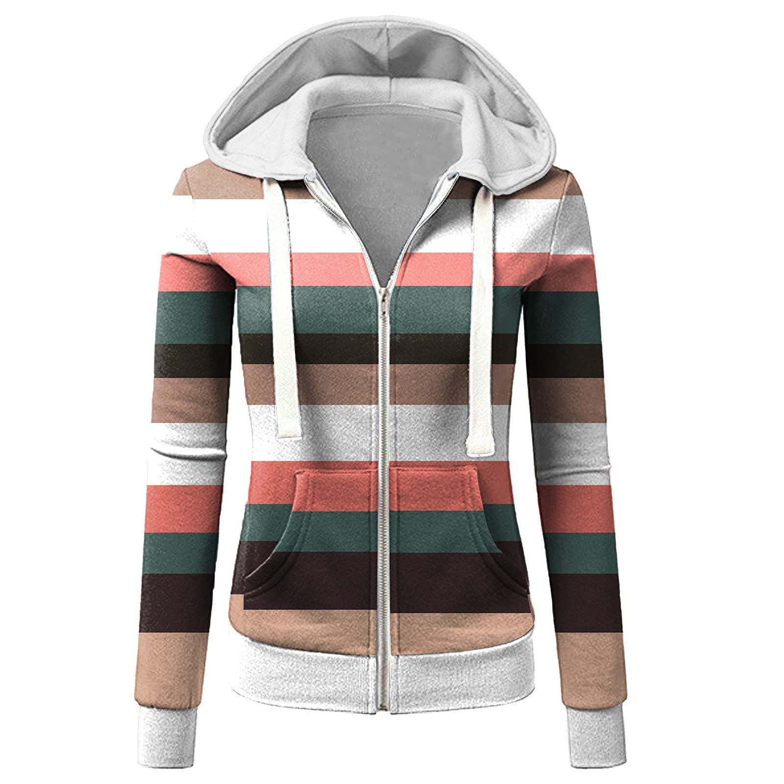 Women's Fall Striped Printed Tunic Sweatshirt - Slim Fit Hooded Zipper Fleece Top Coat for Casual Wear & Outdoor Activities