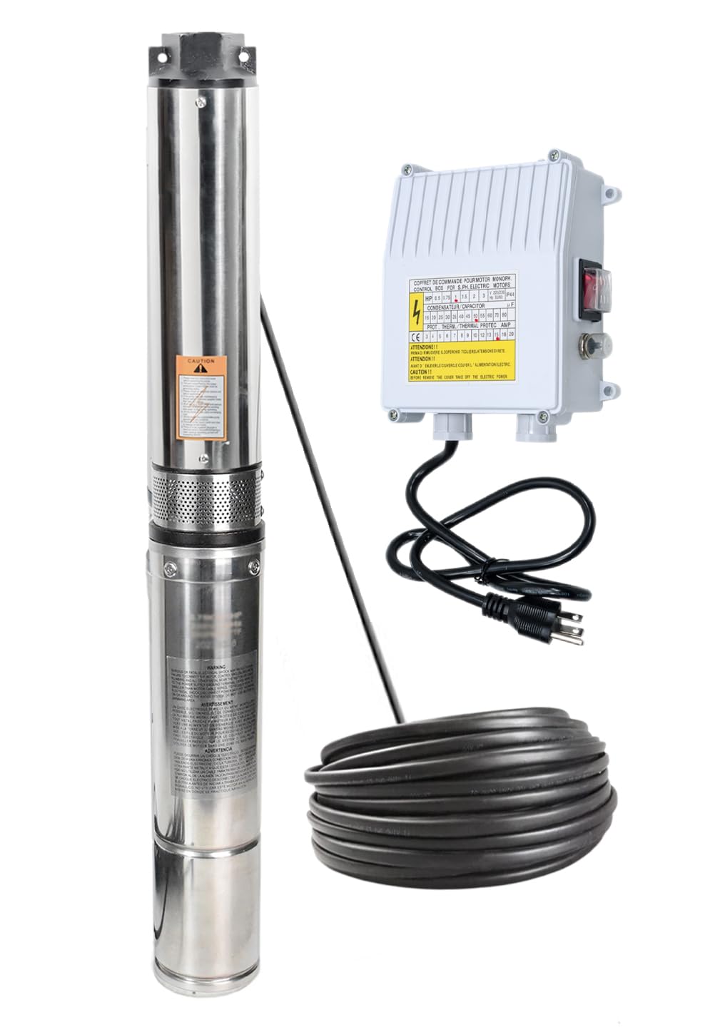1HP 115V Deep Well Submersible Water Pump with Control Box - Stainless Steel 33 GPM, 266ft Lift, 100ft Power Cord & ON/OFF Switch - Ideal for 4