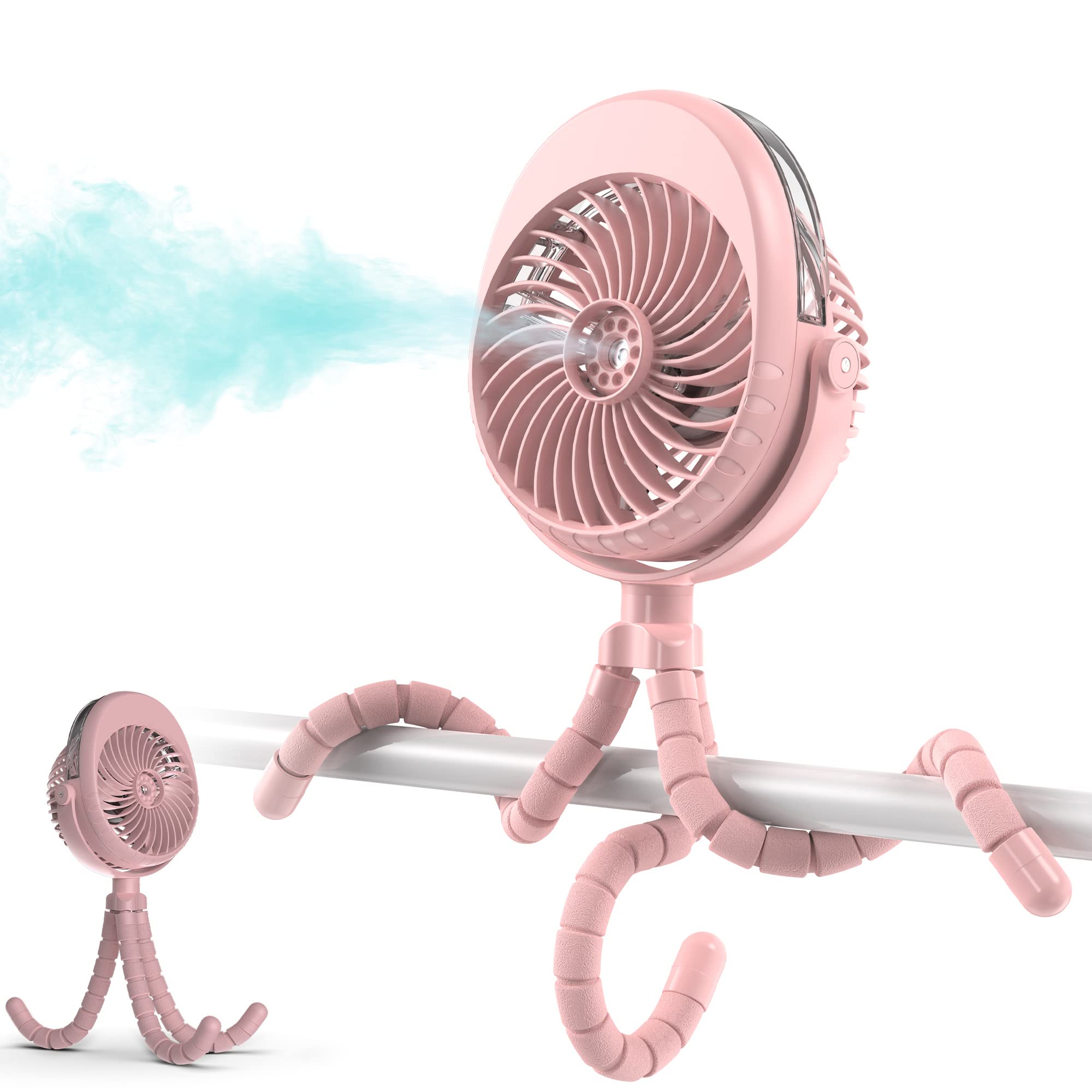 COMLIFE 270° & 360° Rotating Portable Misting Fan for Baby Stroller - USB Rechargeable Battery Operated Clip Fan with Flexible Tripod - Perfect for Car Seat, Crib, Bike, Treadmill & Bunk Bed | Cooling Solution for Babies, Outdoor Activities & Home Use