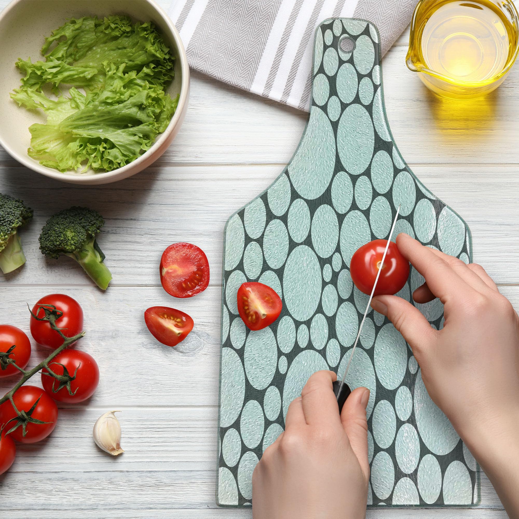 Ambesonne Geometric Glass Cutting Board - Retro Circle Dots Design, Tempered Glass Serving Board for Kitchen & Entertaining - Wine Bottle Shape in Dark Grey & White - Perfect for Charcuterie, Cheese Display & Party Serving
