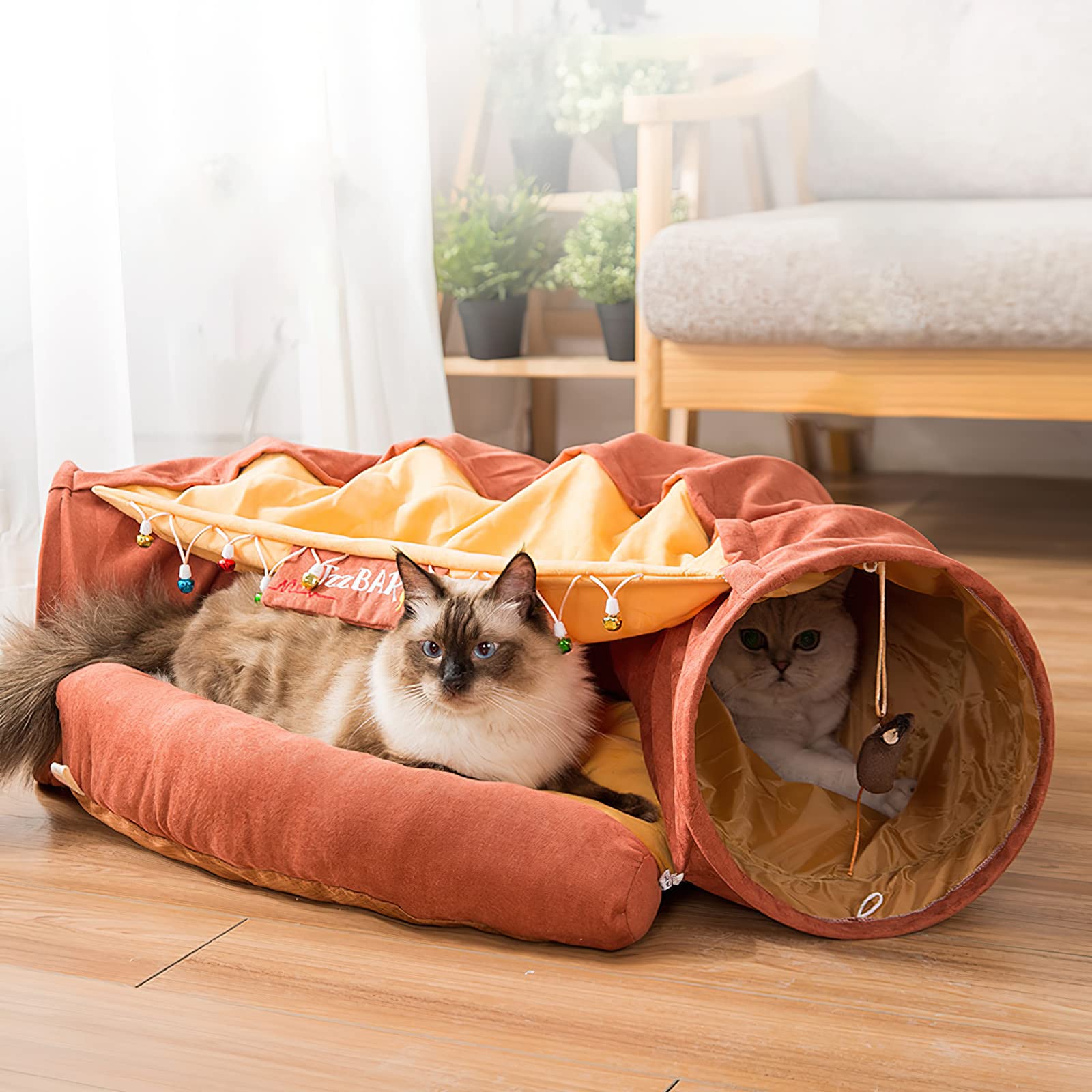 Cozy Cat Tunnel Bed with Cushion & 2 Hanging Scratching Balls - Soft Pet Cave for Indoor Cats (Dark Brown) - Perfect for Napping, Playing & Relaxing at Home