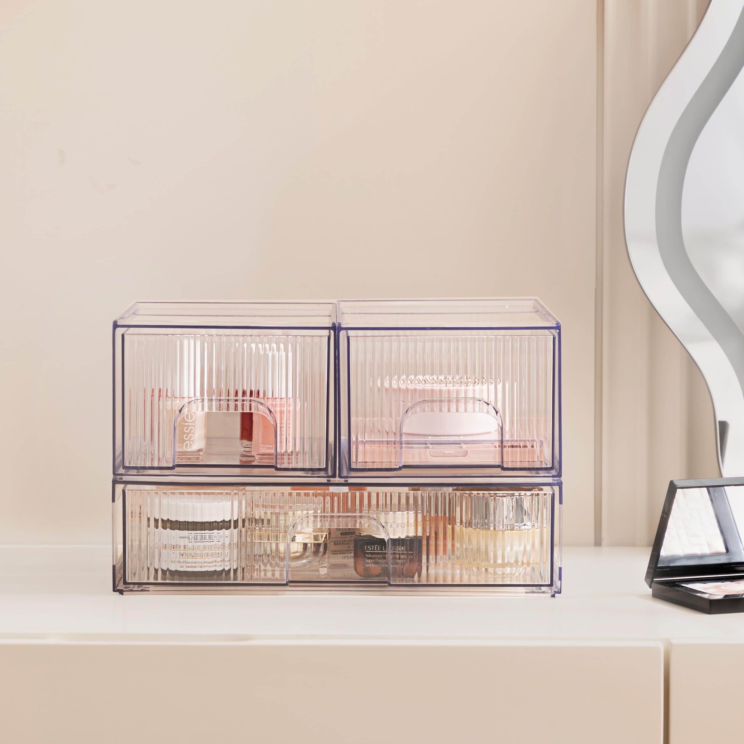 Clear Stackable Desk Storage Drawers - 3 Pack Acrylic Organizer Bins for Bathroom, Makeup, Pantry & Cabinet | Easy Assembly Multipurpose Plastic Drawers for Vanity, Undersink & Brightroom Organization | Perfect for Home, Office & Dorm Room Storage Solutions