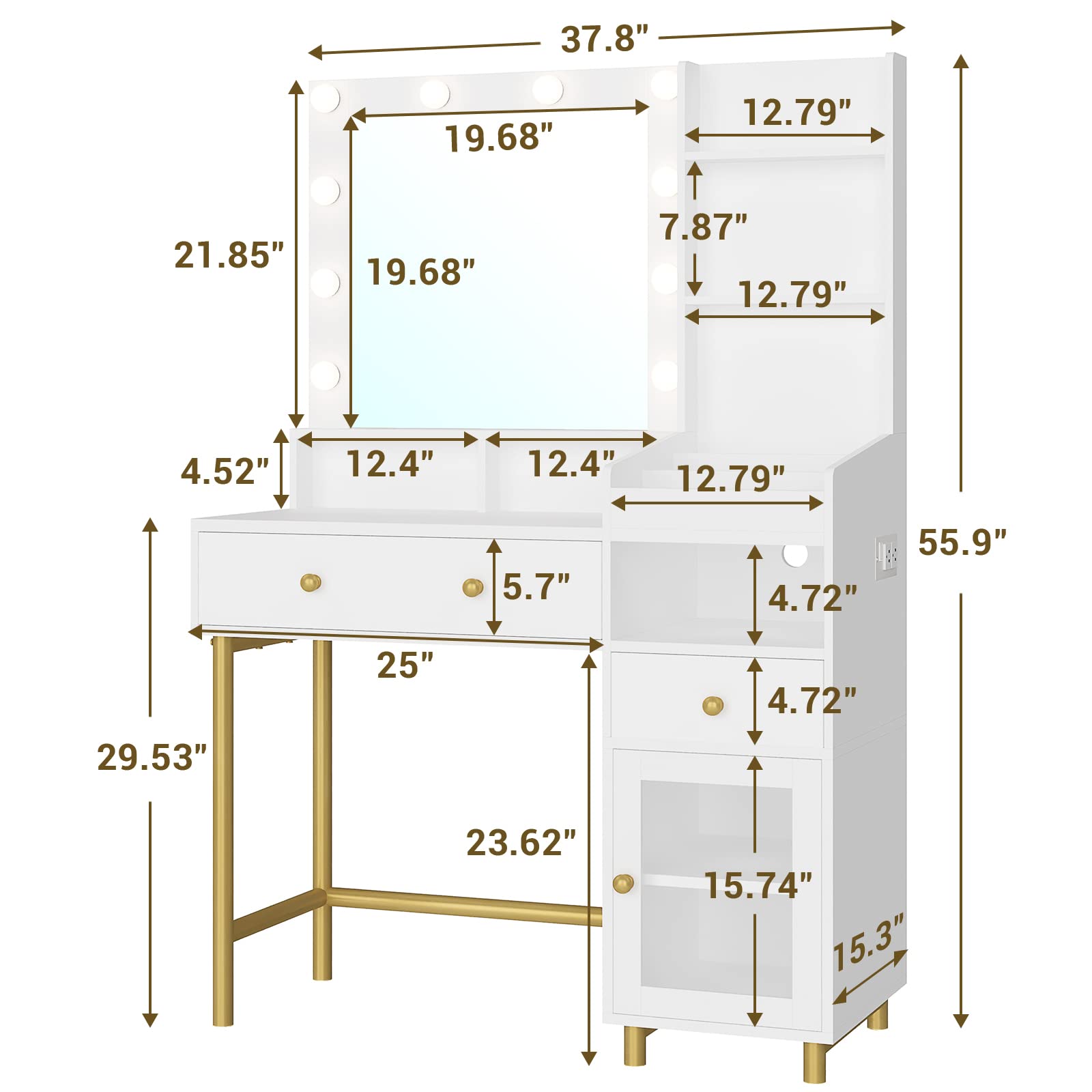 AOGLLATI 3-Color LED Makeup Vanity Desk with Mirror, Charging Station & Storage - White Vanity Table with Unique Separation Design for Bedroom, Dressing Room & Salon