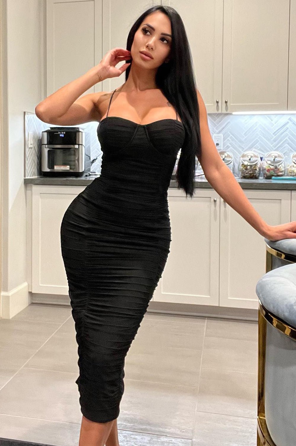 Black Mesh Padded Underwire Spaghetti Strap Ruched Midi Dress for Women - Sexy Bodycon Cocktail Party & Evening Wear