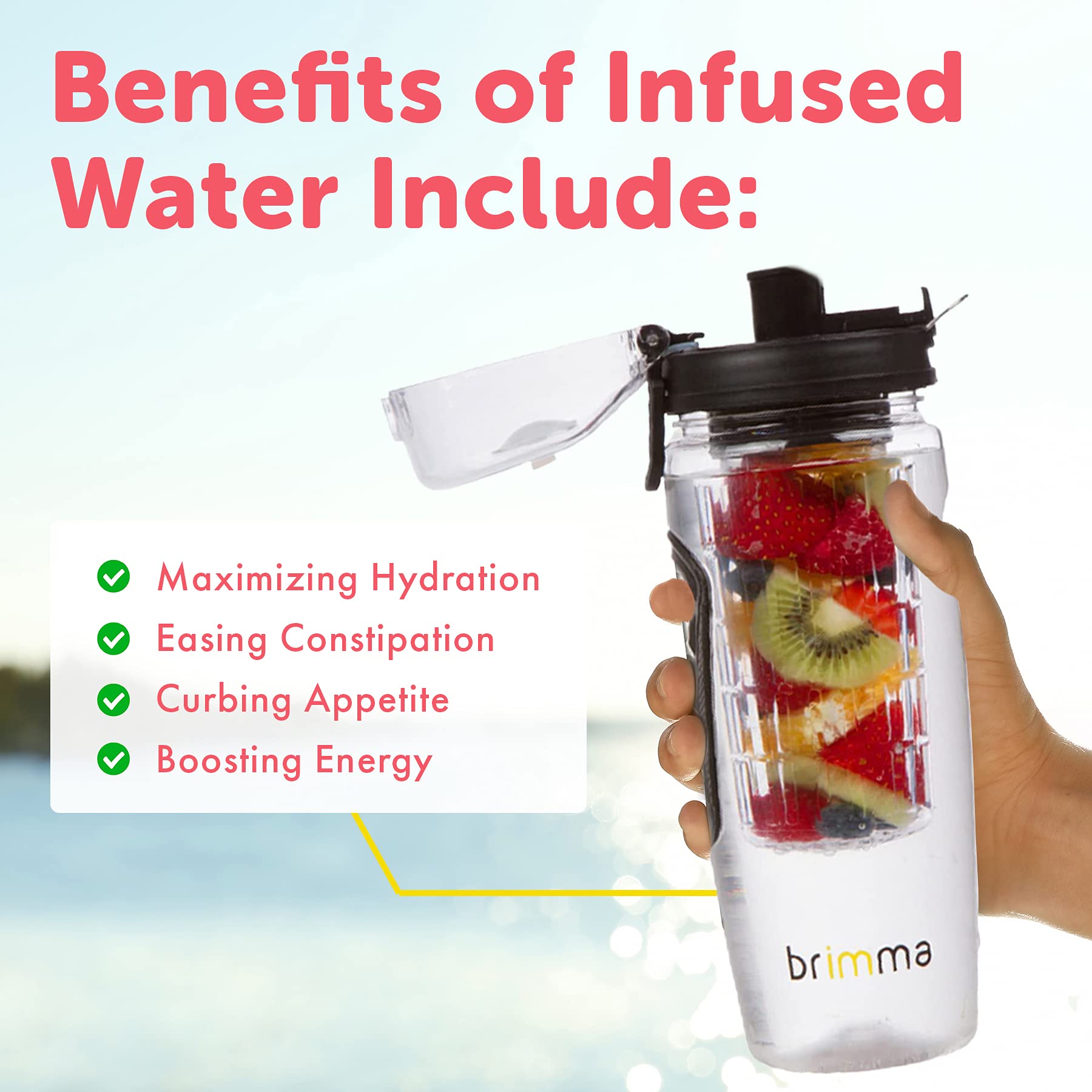 Brimma 32 oz Leakproof Fruit Infuser Water Bottle - Large Plastic Infusion Bottle for Detox, Gym, Camping & Travel - Perfect for Hydration, Weight Loss & Healthy Lifestyle