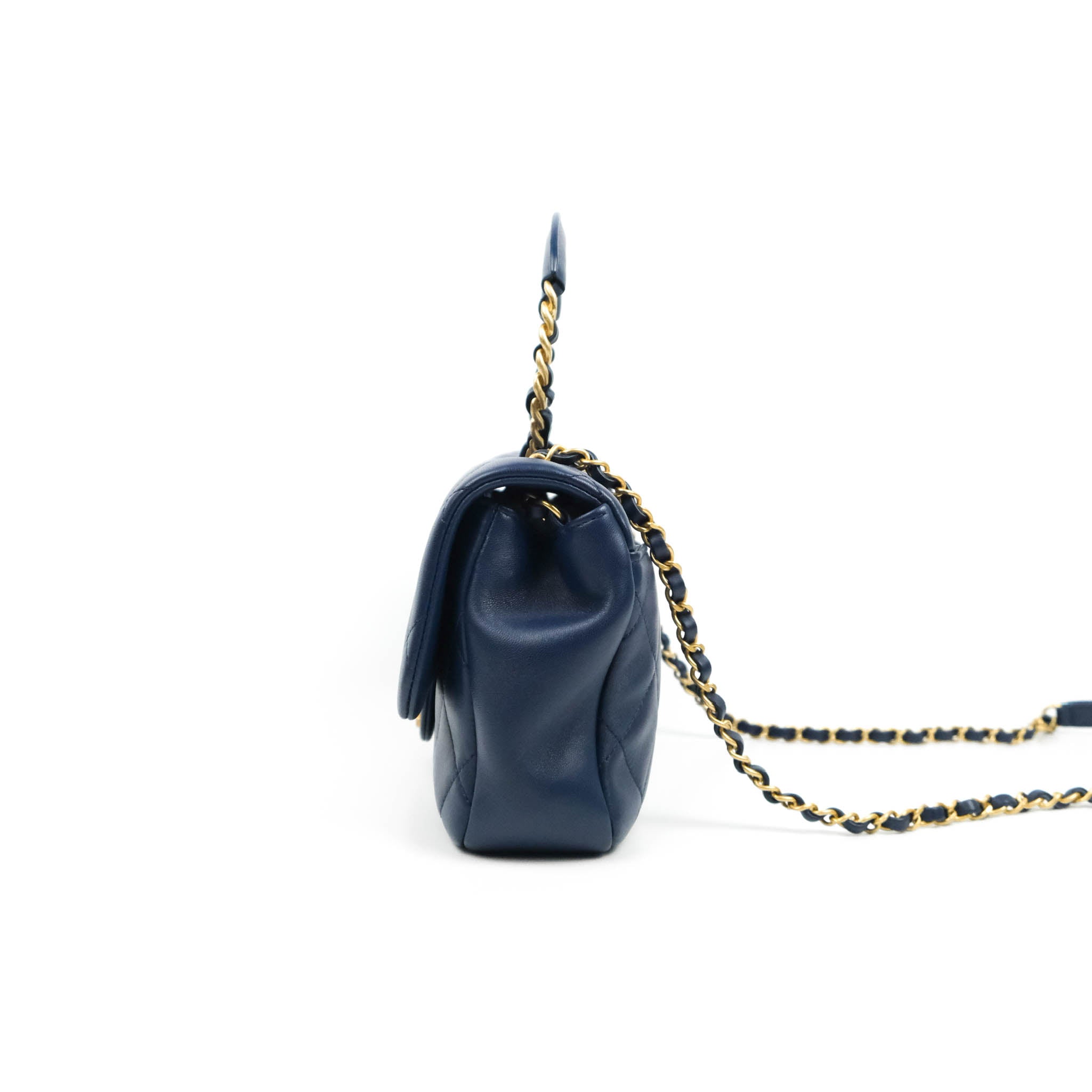 Chanel Navy Lambskin Circular Handle Flap Bag with Aged Gold Hardware - Luxury Crossbody Purse for Women, Perfect for Evening Events & Date Nights