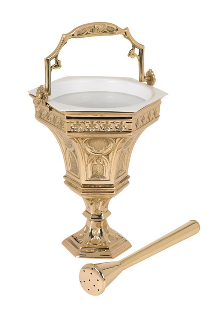 Stratford Chapel Brass Hexagon Holy Water Font with Sprinkler Set - 7.75 Inch Catholic Church Baptismal Vessel for Home Altar, Religious Ceremonies & Spiritual Cleansing Rituals