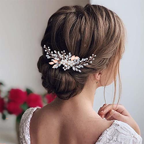Latious Pearl Wedding Hair Comb - Silver Crystal Bridal Hairpiece with Leaf Design, Rose Gold Hair Clip for Women & Girls | Perfect for Bridal Showers, Weddings & Special Occasions