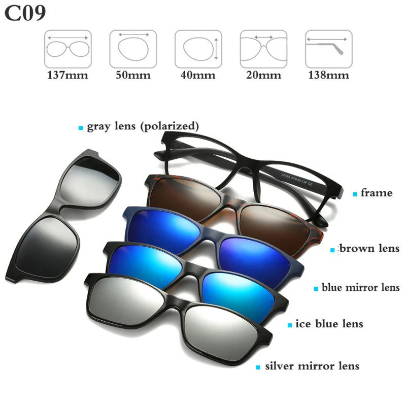 Belmon Unisex Square Eyeglasses with 5 Clip-On Sunglasses - Lightweight Blue Light Blocking Glasses for Men & Women - Perfect for Reading, Driving, and Outdoor Activities (RS159)