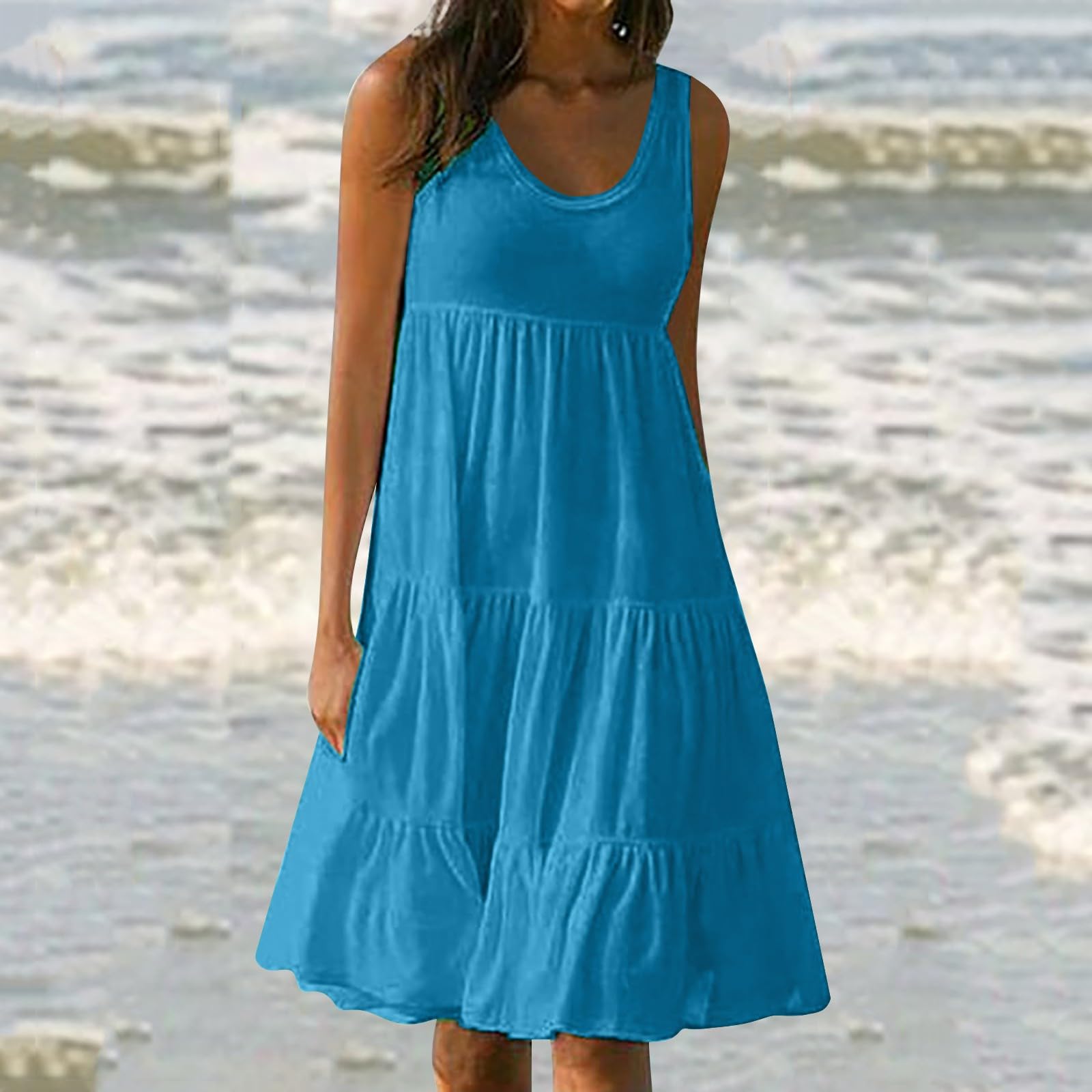 2024 Summer Women's Midi Dresses - Solid Color High Waist Flowy Dress for Casual Outings, Beach Vacations & Date Nights