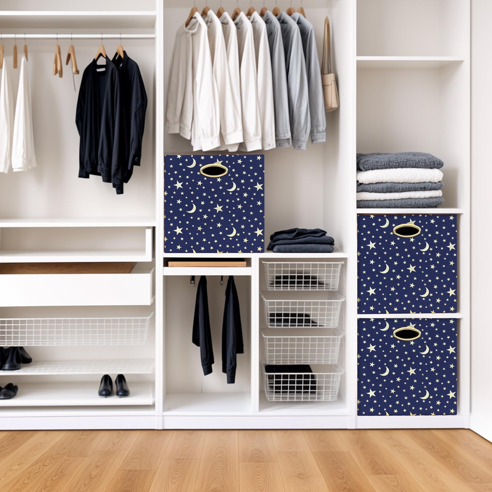 13x13x13 Collapsible Fabric Storage Cube Bins - 4 Pack Navy Blue & Gold Organizer Baskets for Shelves, Closet, Wardrobe, Bookshelf | Space-Saving Home & Office Storage Solution